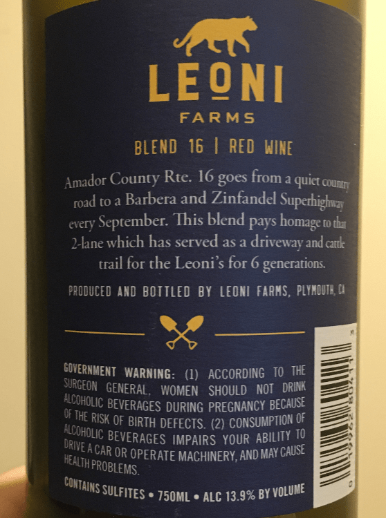 Leoni Farms Blend 16 back label