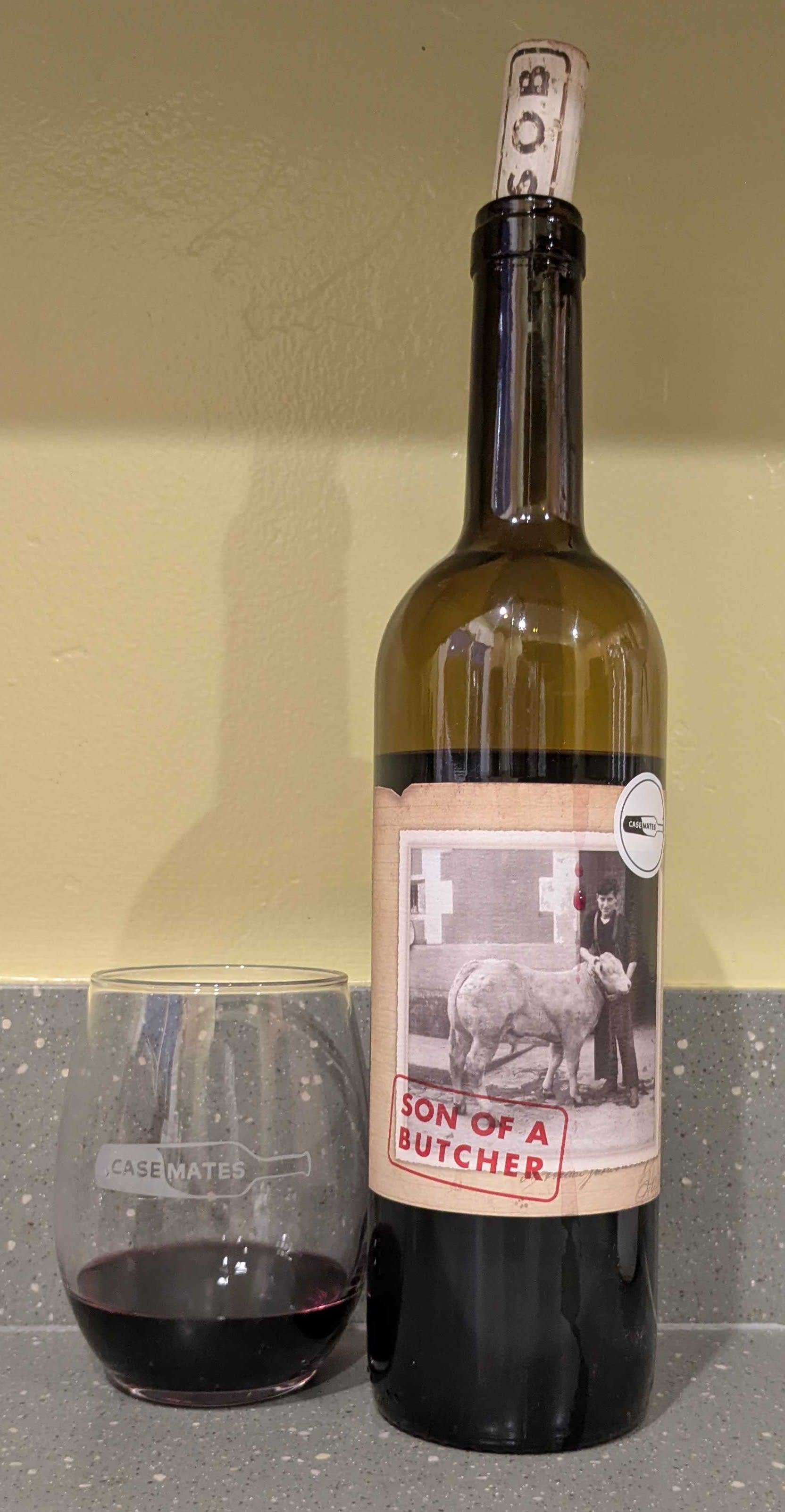 2022 Y Rousseau "Son of a Butcher" bottle and wine glass
