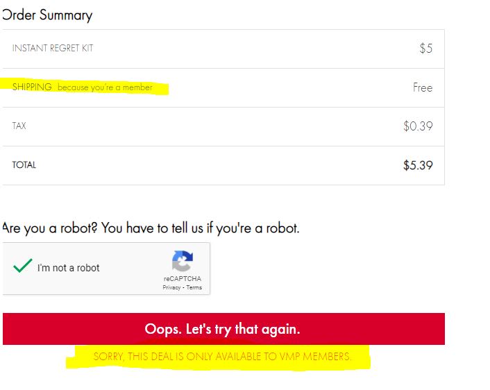 Can't order because I'm not a VMP, but I'm not paying shipping because I'm a VMP??