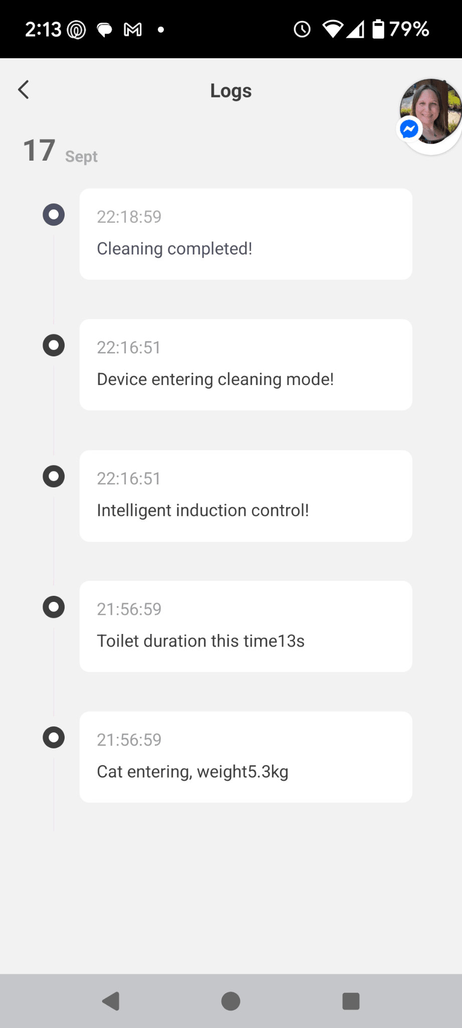 A screenshot of a bunch of app notifications about the cat entering the litter box, how much it weighed, cleaning completed, etc.