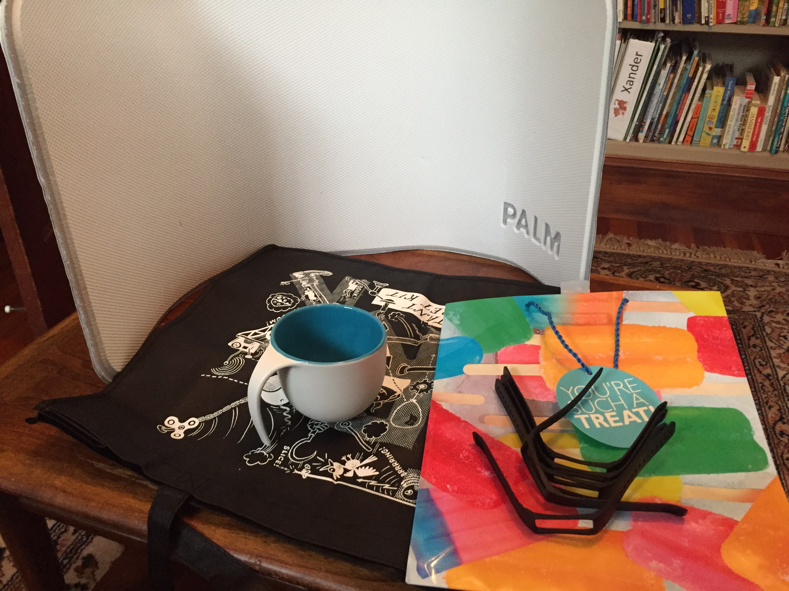 I didn’t post in August when I got a good one and now I'm paying for it with bad Karma.  Gift bag, blue mug, palm cooler pad, and IRK bag. Regret was large and instant.