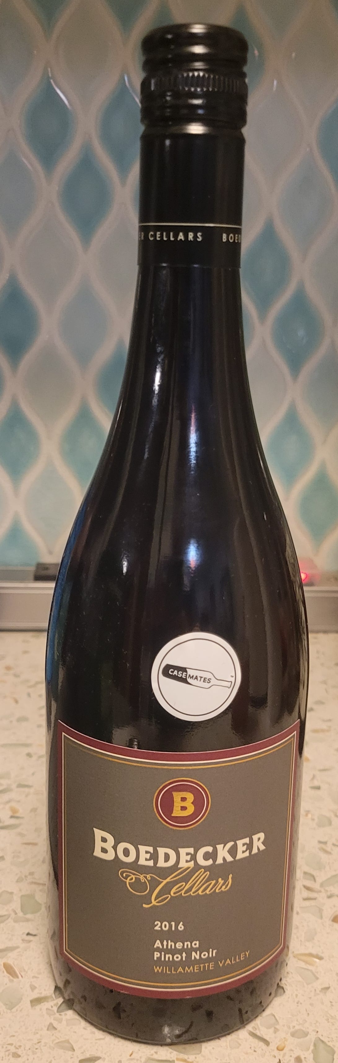 bottle of Boedecker Cellars 2016 Athena Pinot Noir