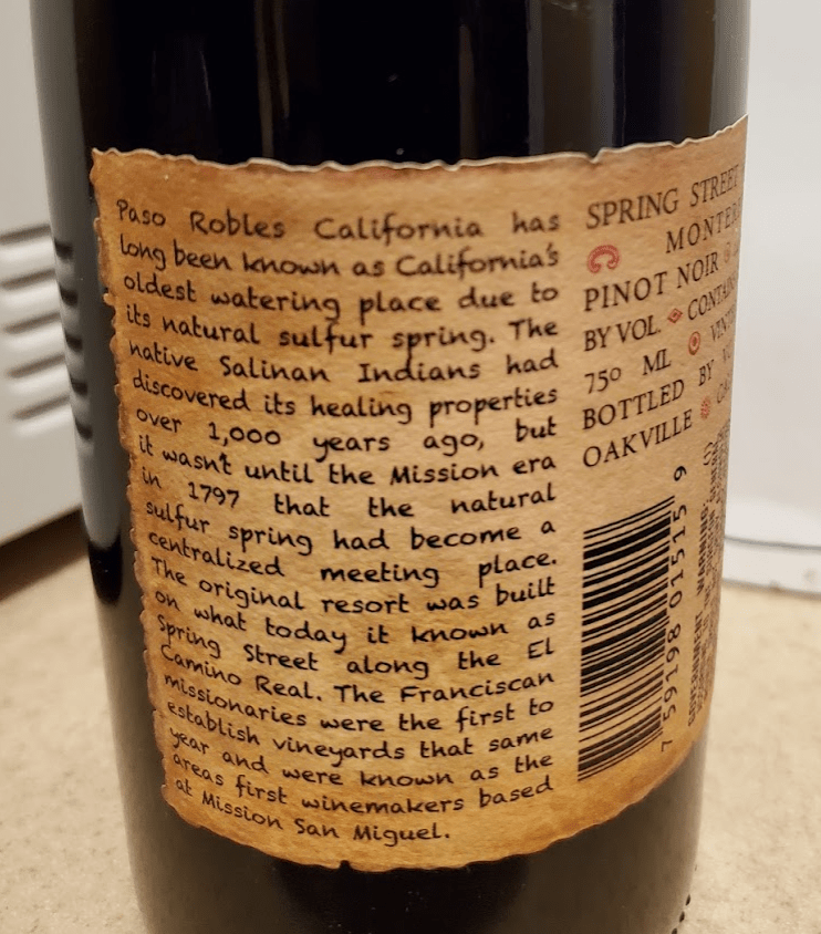 2017 Spring Street Pinot Noir back label 2