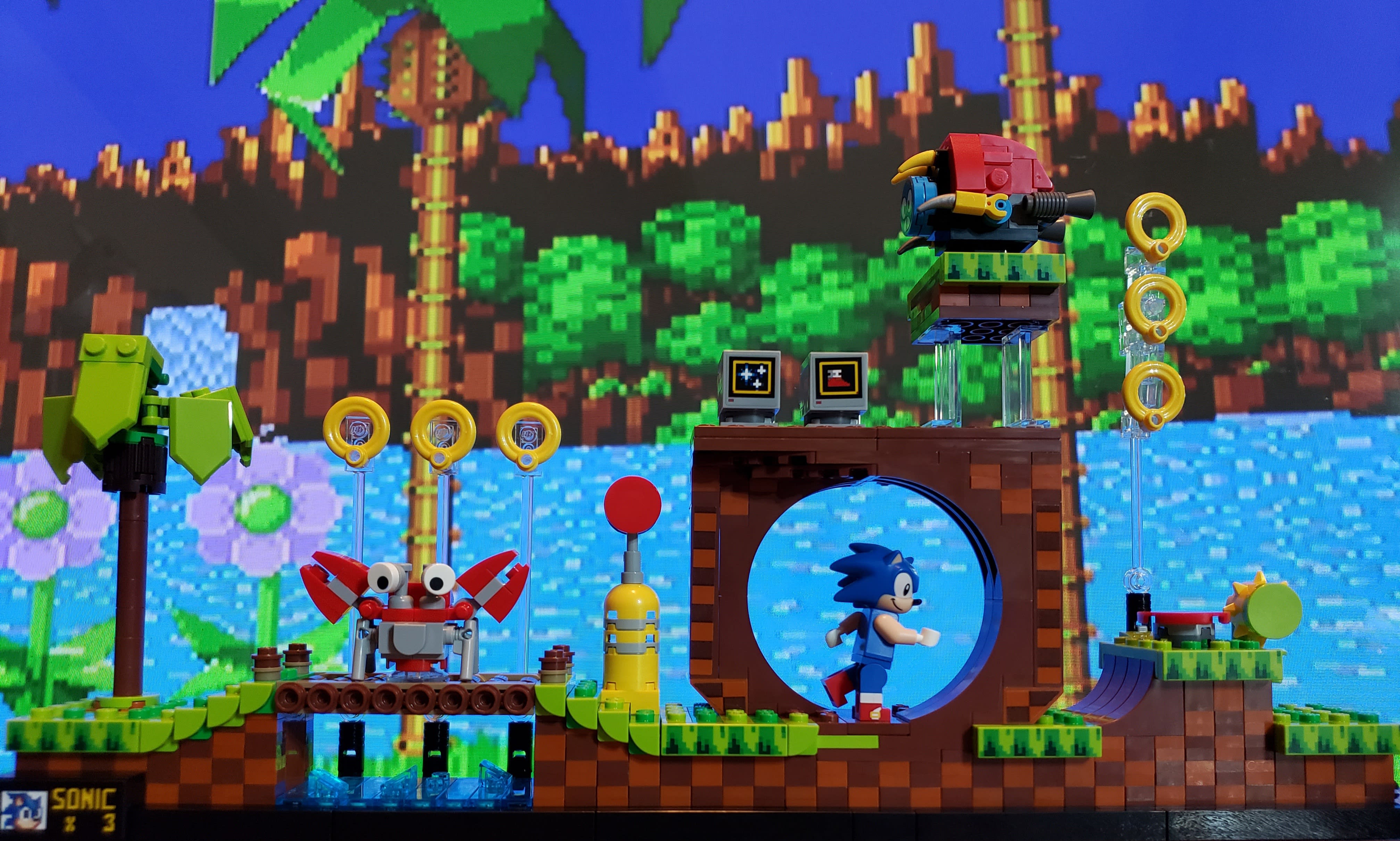 LEGO Sonic the Hedgehog Green Hill Zone set, posed in front of a TV screen displaying the actual Green Hill Zone for the background. 