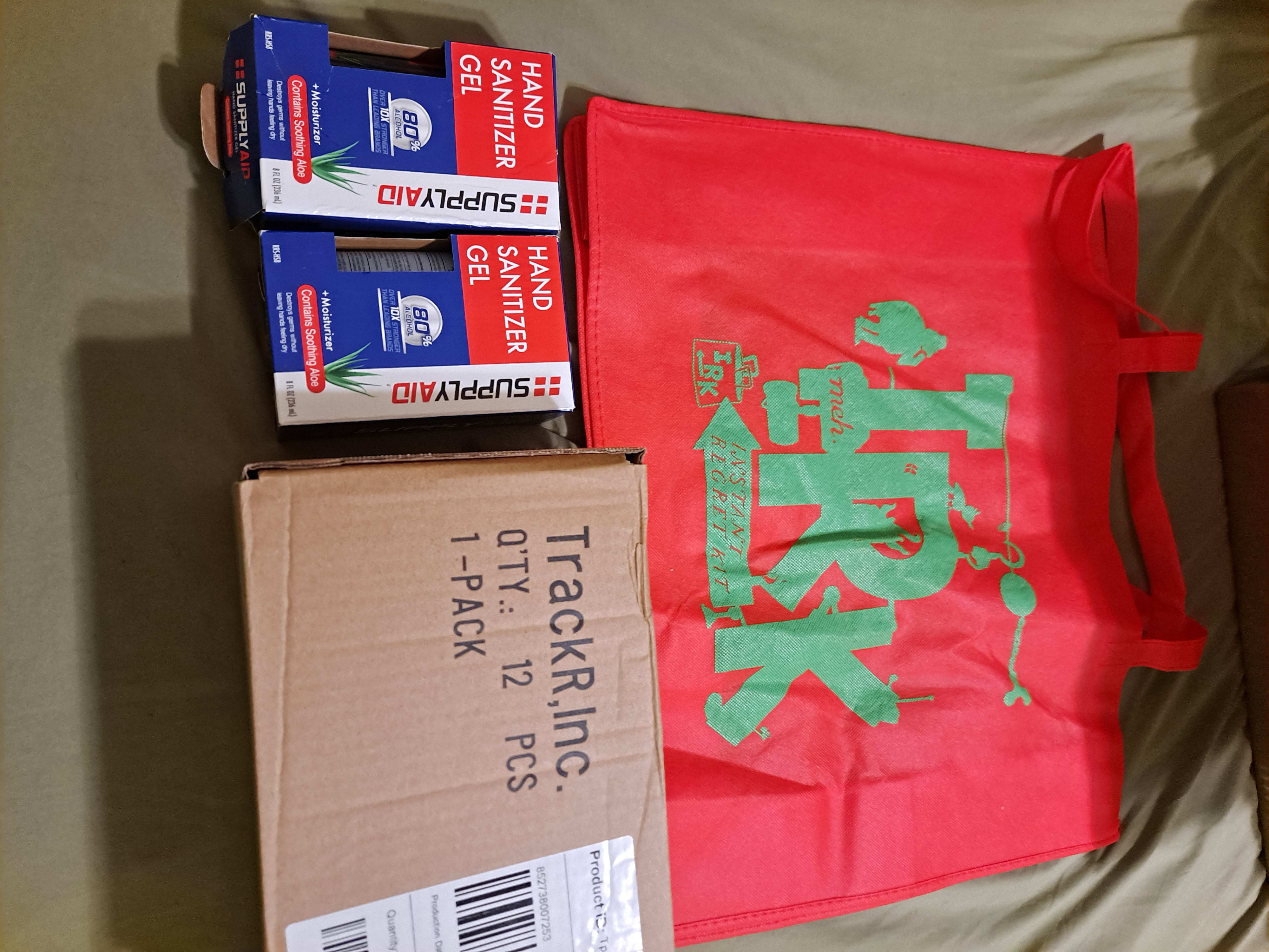 Trackr box (of Trackr boxes), two bottles of Hand sanitizer, IRK bag. I only kept the bag and the sanitizer and donated the rest. 