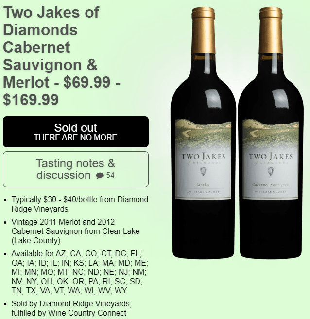Two Jakes of Diamonds CS and Merlot Sold Out