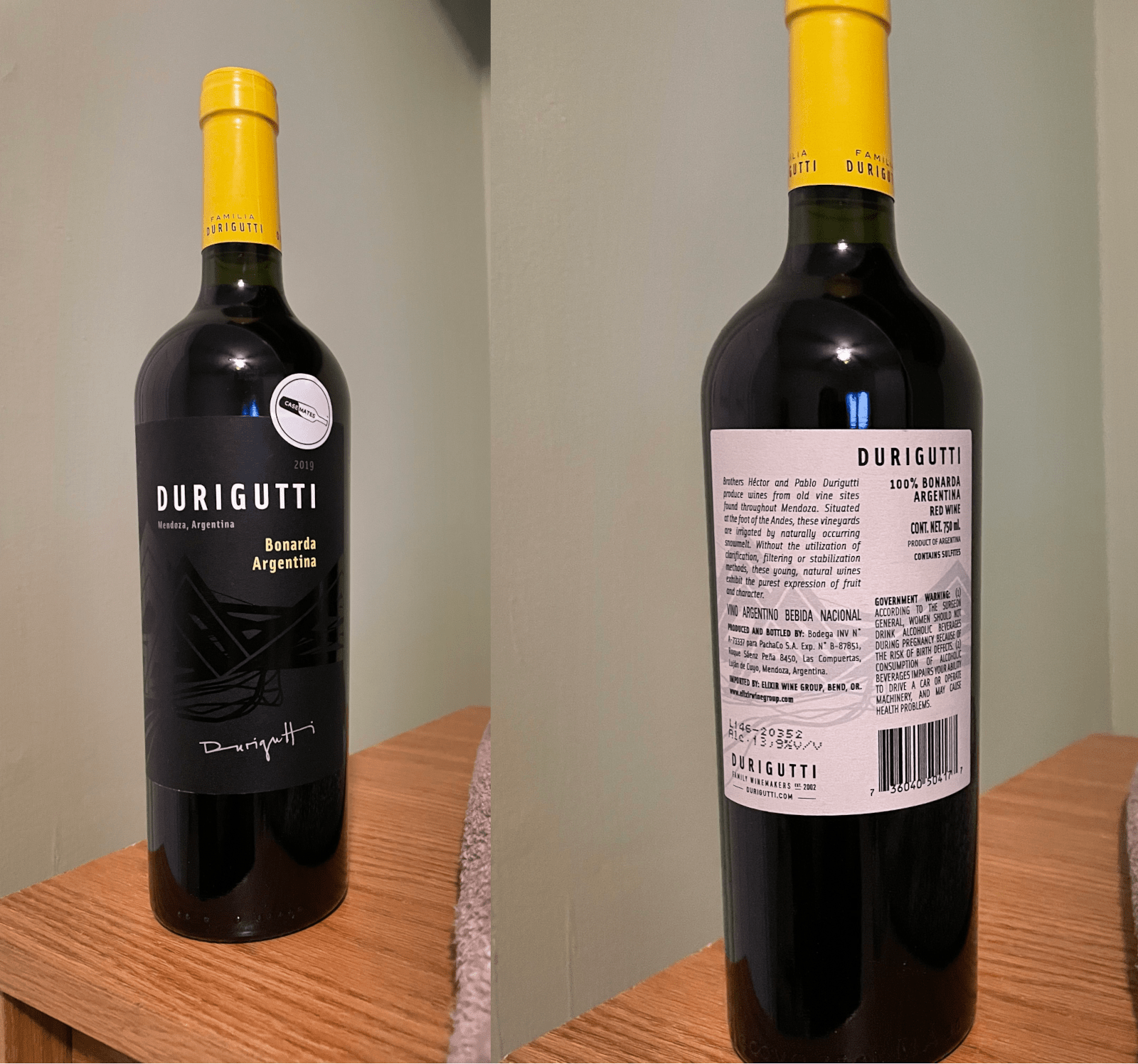 Front and back of the Durigutti 2019 Mendoza Bonarda bottle
