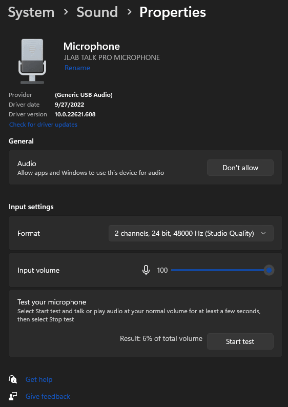 Windows microphone settings