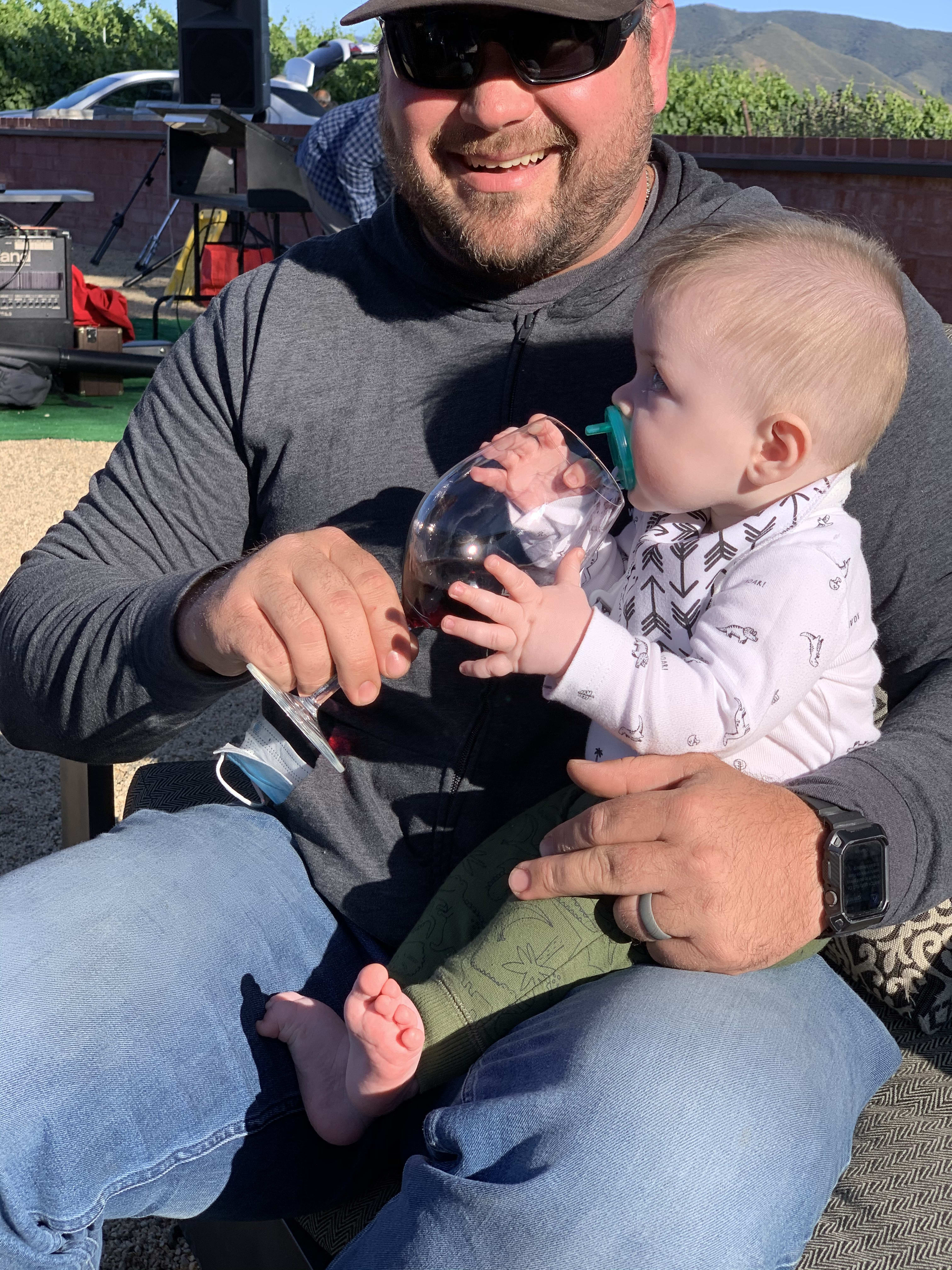 The pics!!! Ummm, Adrian put the 2017 Grenache through vigorous tiny human testing before sending it to Casemates... (No mini Adrian's actually consumed alcohol...) 