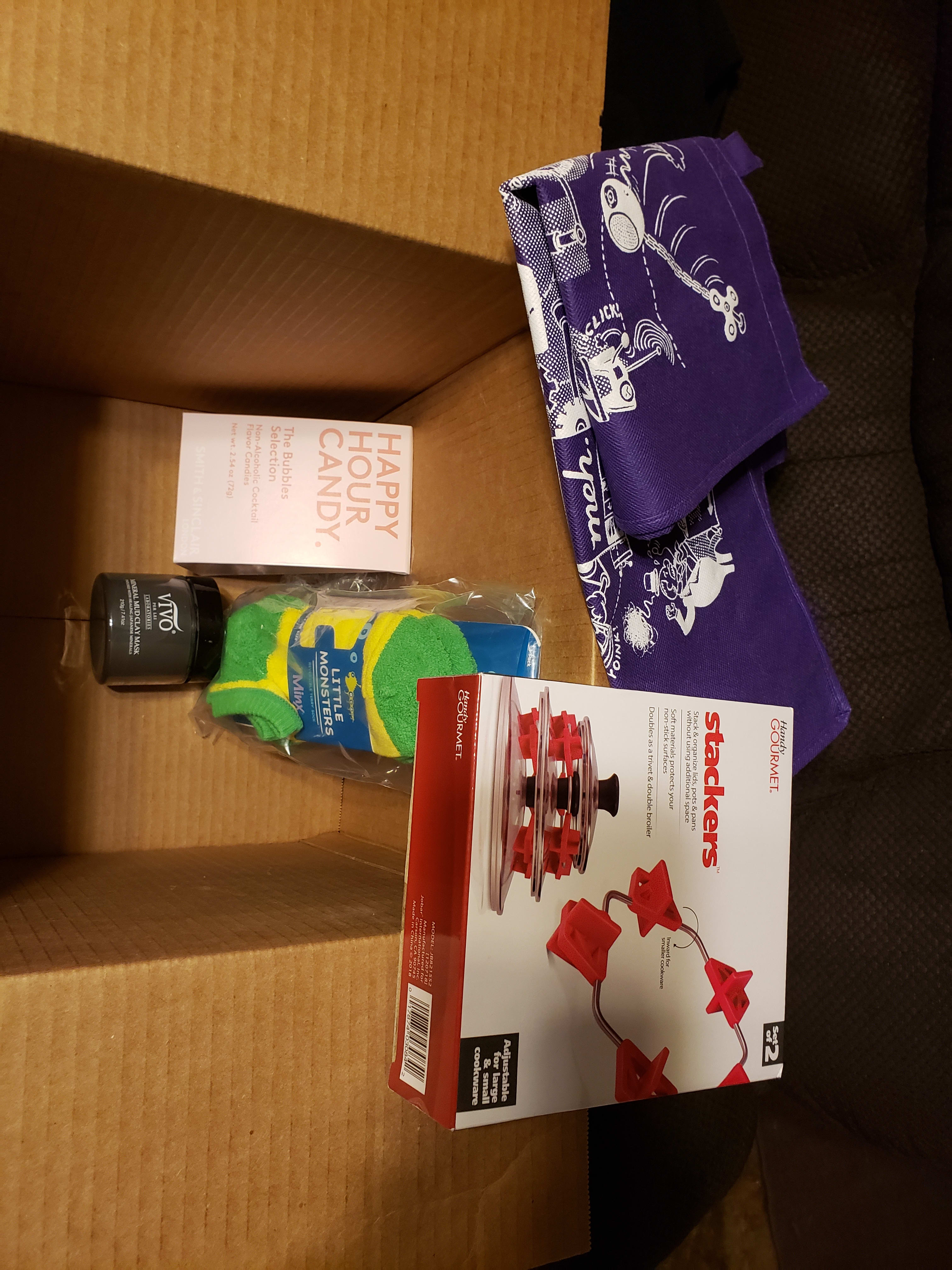 no regret here! Socks my grands will fight over, lid stackers I can use, happy hour candy i could really use, a mud mask, & a purple bag. Love it!
