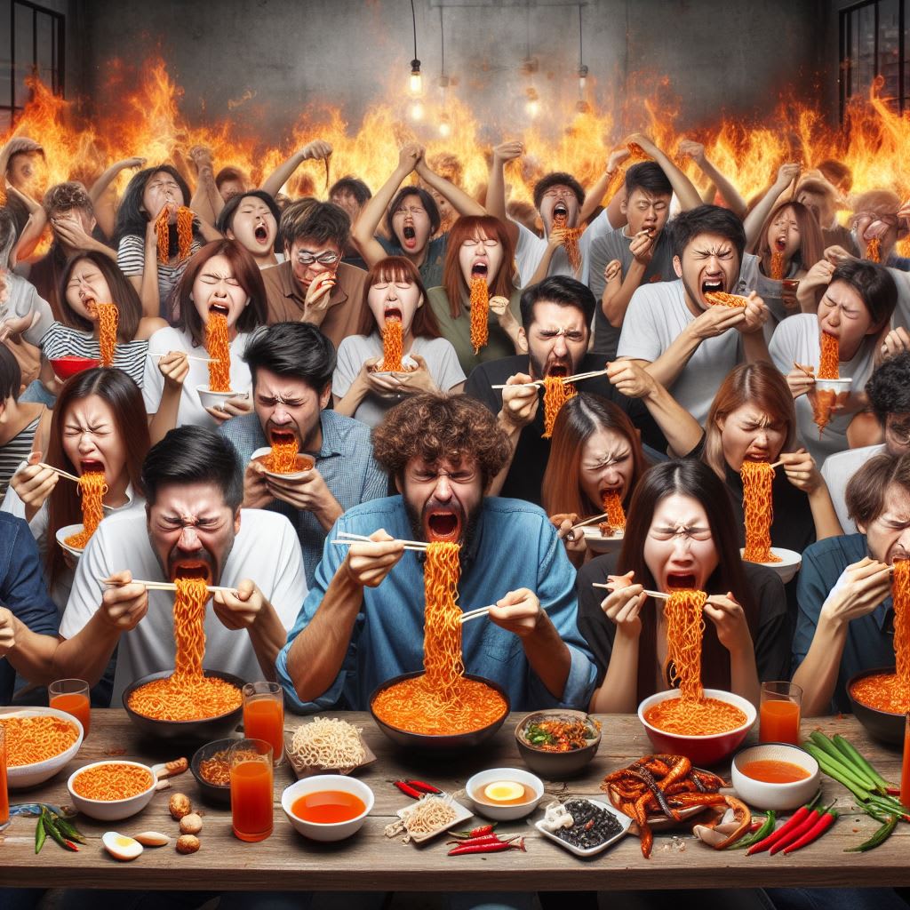 A large group of people all eating Buldak. All of them are in various states of distress and it looks like they are surrounded by chili peppers and in a room engulfed in flames. I dunno, man, AI image generators are weird af.