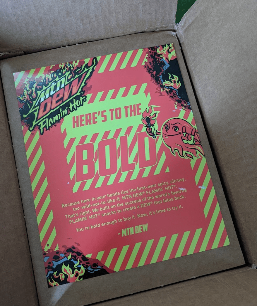 note in mtn dew package: "here's to the bold"