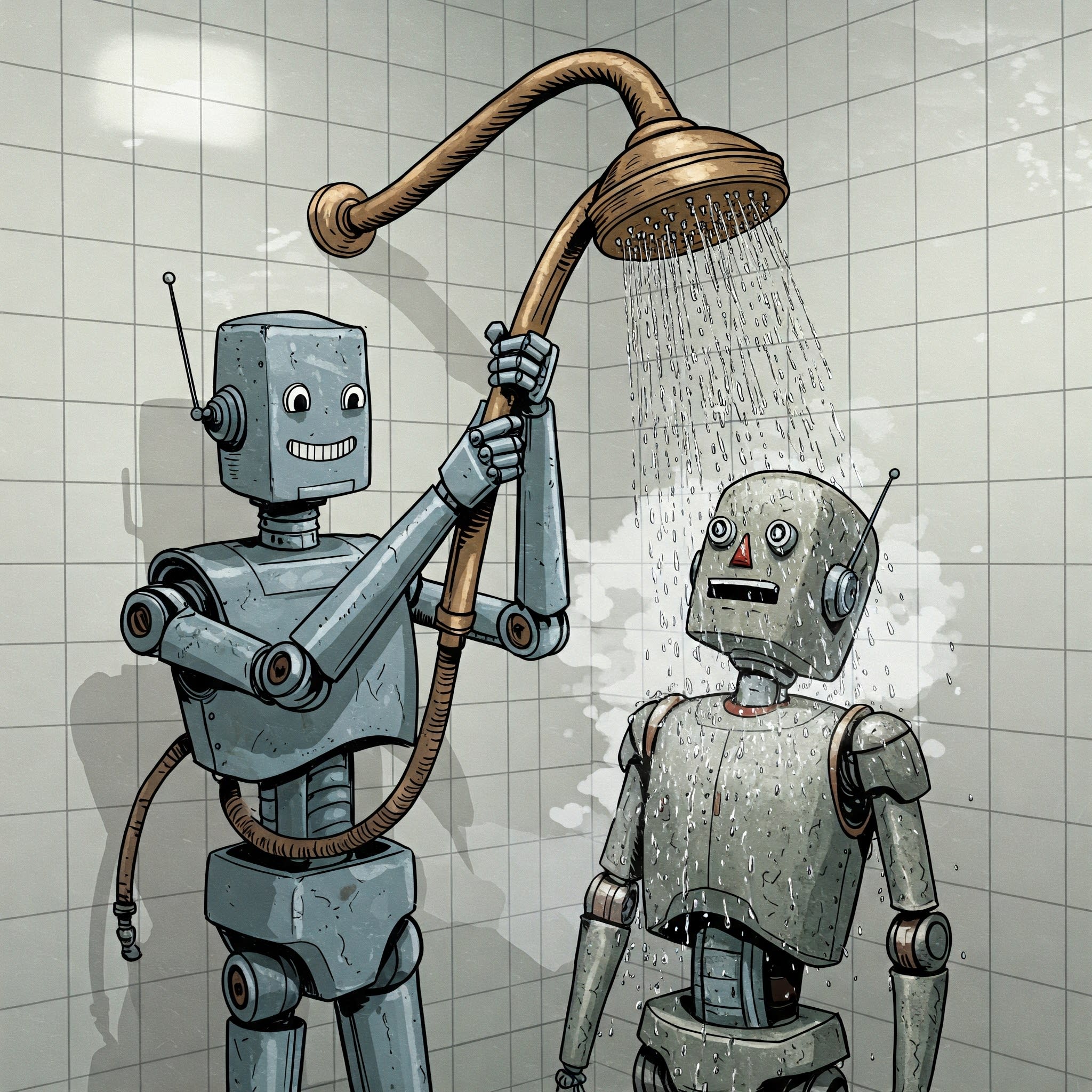 Amazing!  Can you make one robot holding a the shower while another robot takes the shower?
