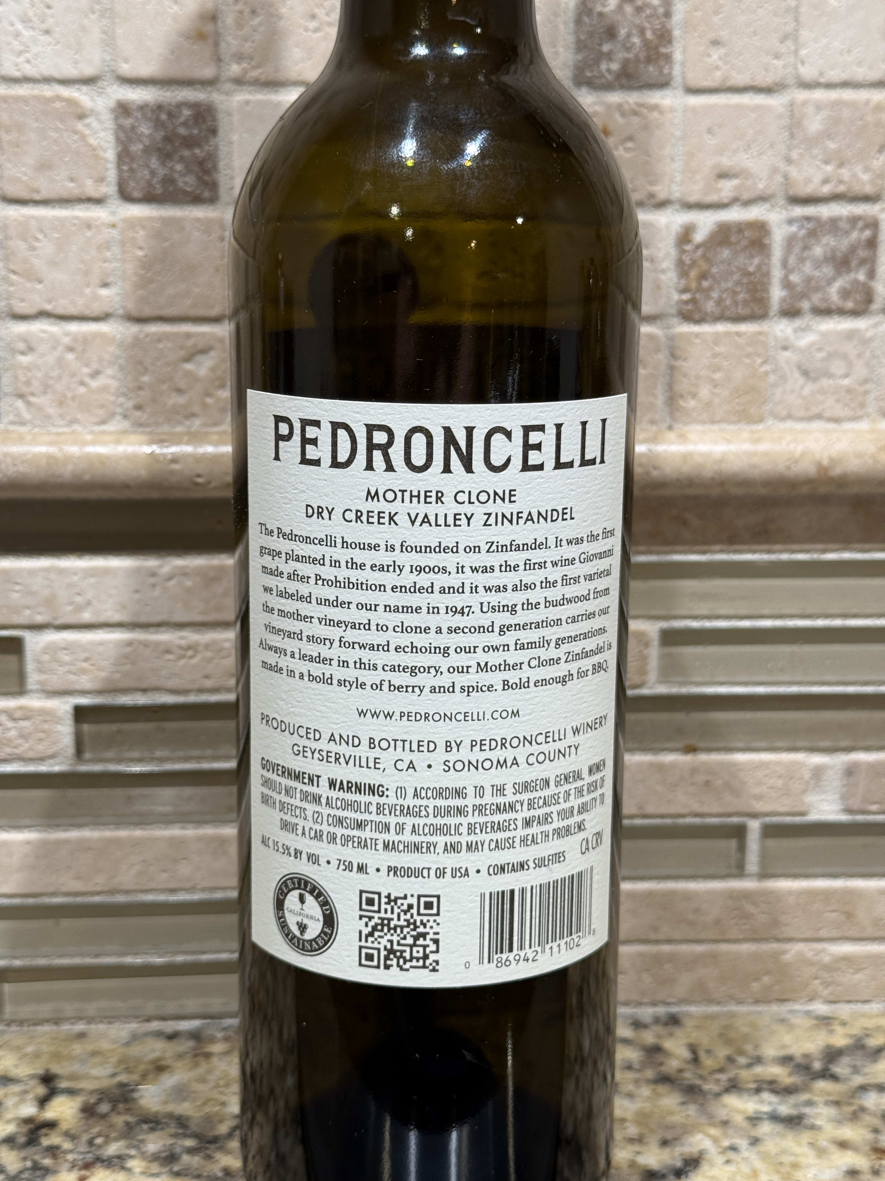 2022 Pedroncelli Mother Clone Rear Label