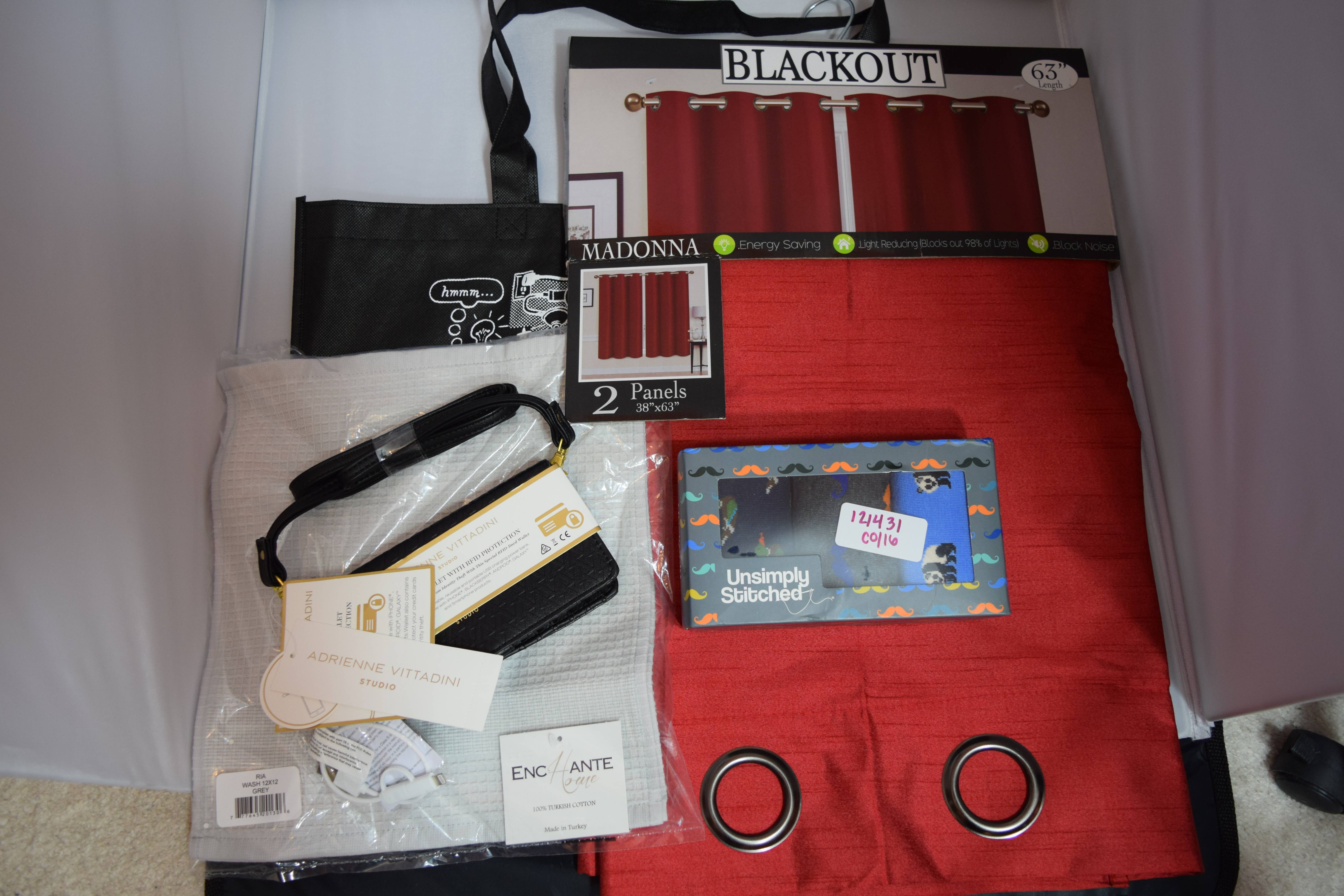 Really cool curtains (needed), 3 pair socks, charging wallet (going to sister), washclothes (needed)IRK bag