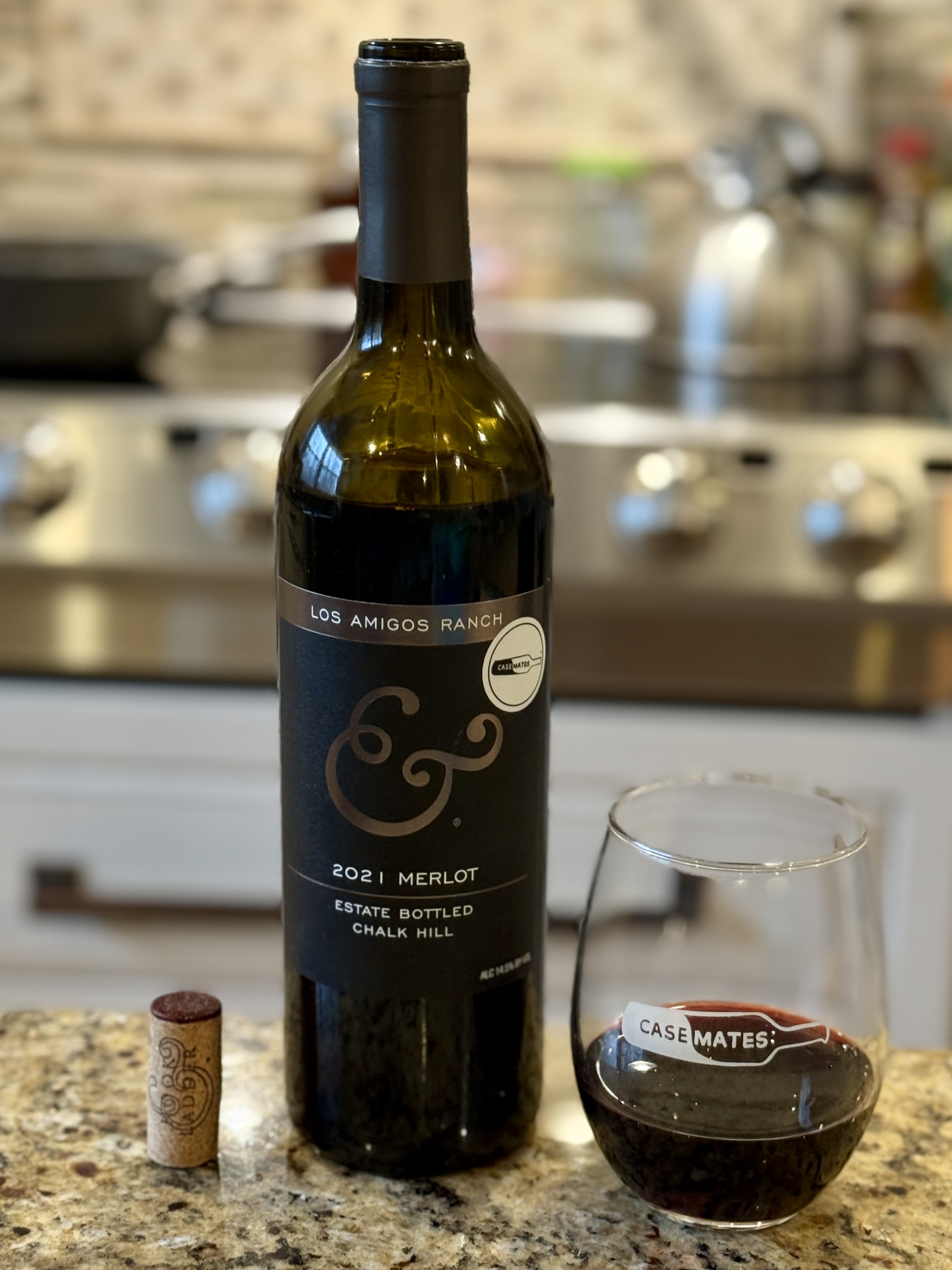 2021 Hook & Ladder Los Amigos Ranch Merlot Bottle, Cork, and Glass