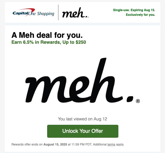 screenshot of an email of a Capitol One shopping deal on Meh. Supposedly.