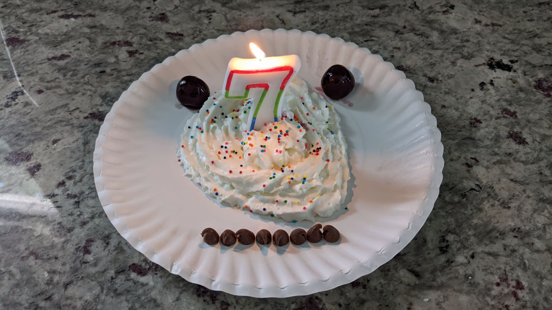 The plate and counter and candle are also cake