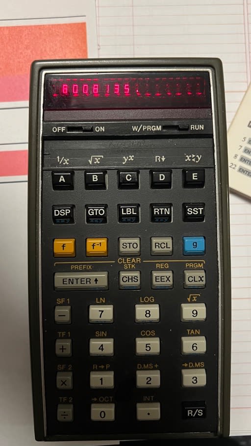HP-65 calculator showing results of nav computation