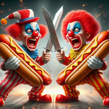 Two clowns facing off with knives and mustard-covered wieners in hand. Like hotdog wieners, don't make this weird.