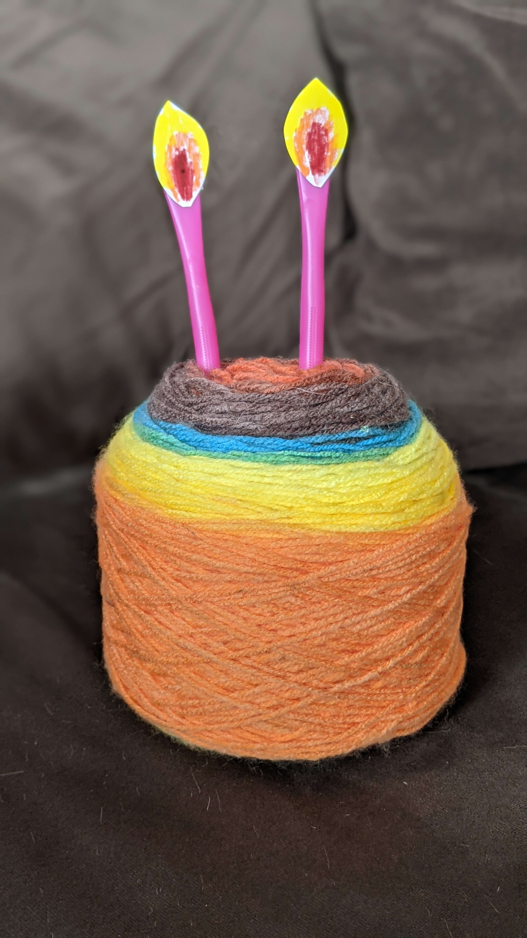 Meh's yarn birthday cake with fake candles