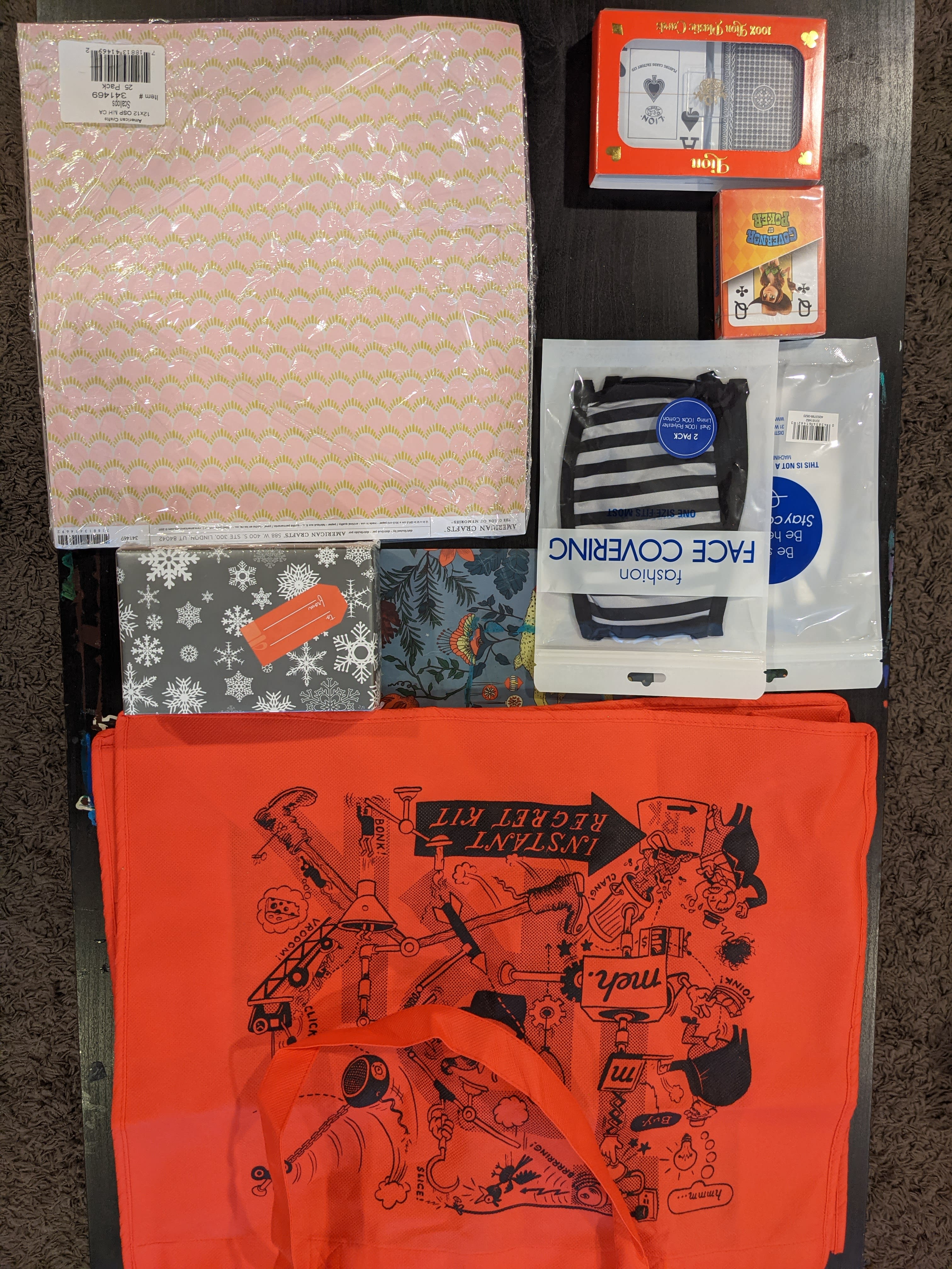 My IRK was pretty lame but ready to roll the dice on the next one.
Received a red Meh bag, 3 decks of cards, a drone, some arts/crafts paper, and some fugly face masks. 