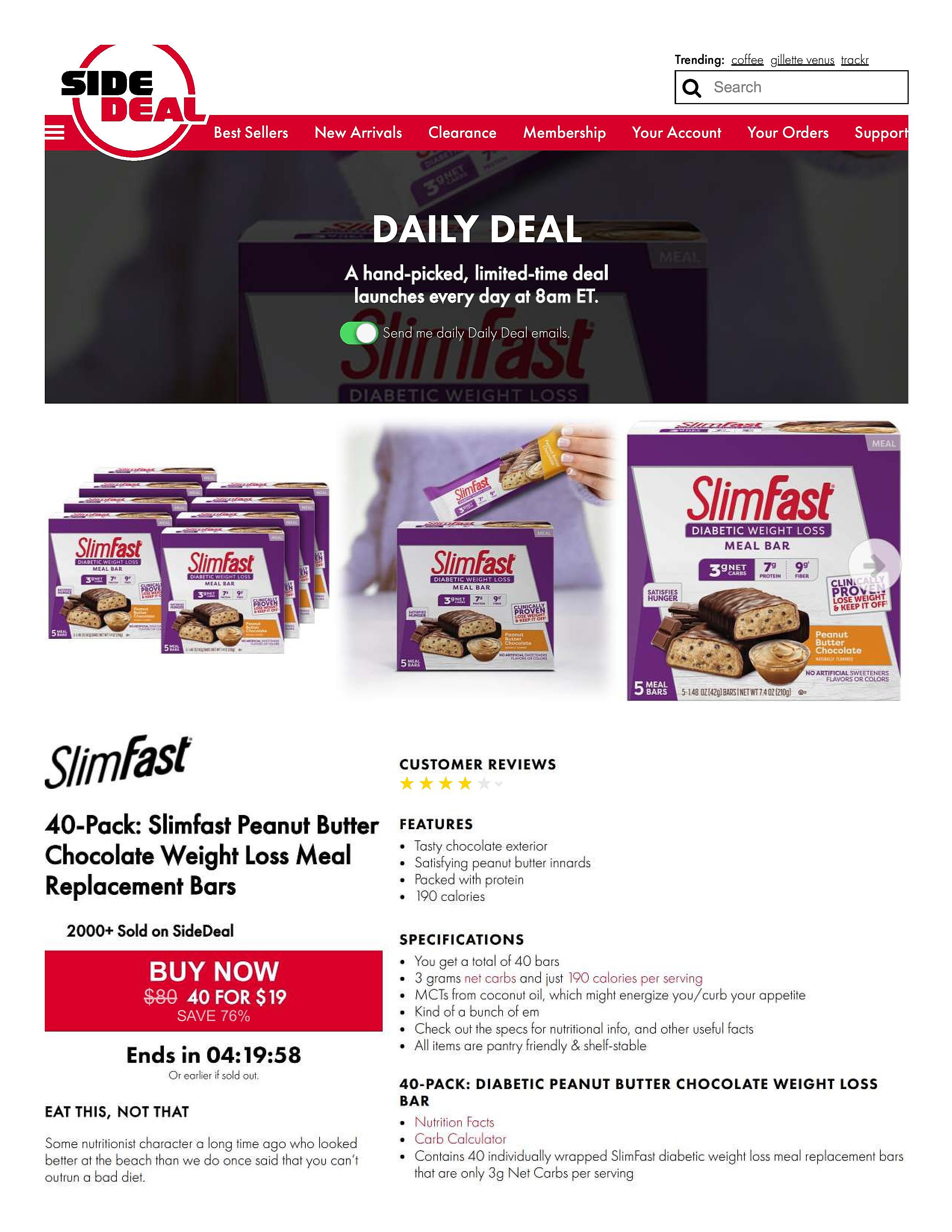 Meh 40Pack SlimFast Diabetic Weight Loss Meal Replacement Bars