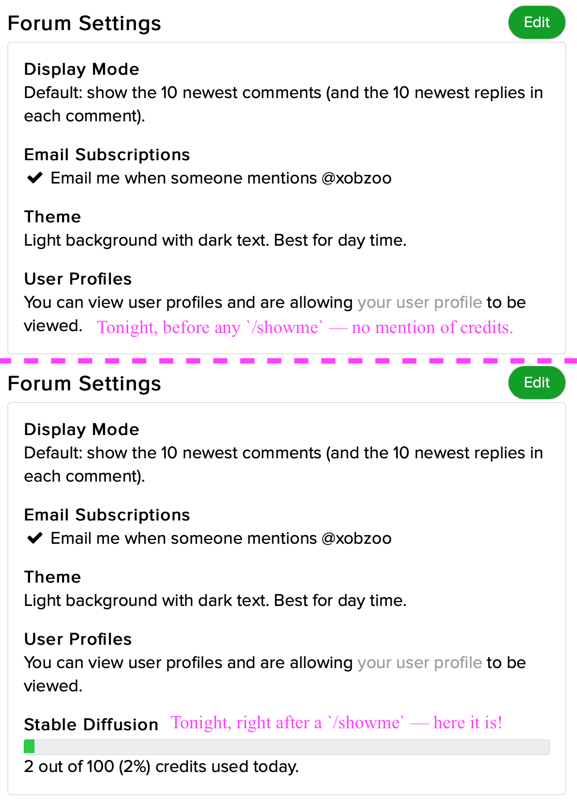 before and after, demonstrating that the credits are invisible daily until used