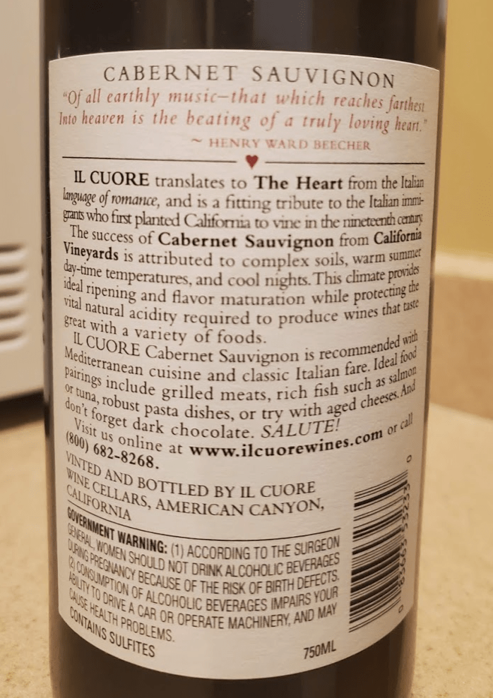 Il Cuore Cabernet Sauvignon 2017 Back Label