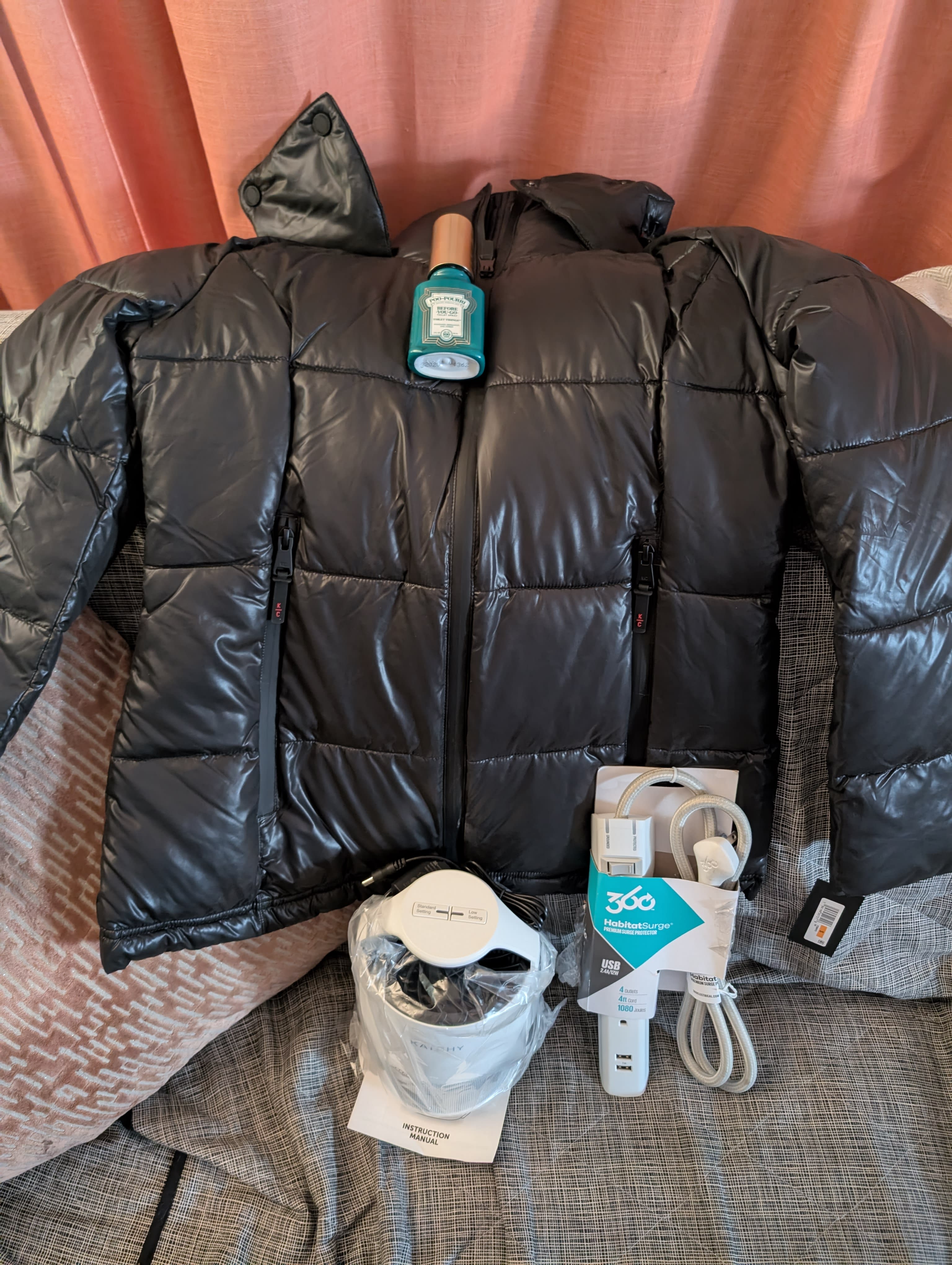 instant regret kit! Jacket, power stripe, bug catcher, and poo stink good