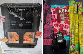 chefman fryer, roar drink, slim jims, and keychain case