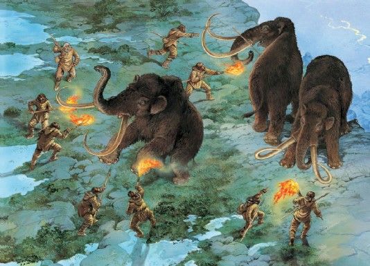 Hunters coax mammoths to the edge of a cliff.