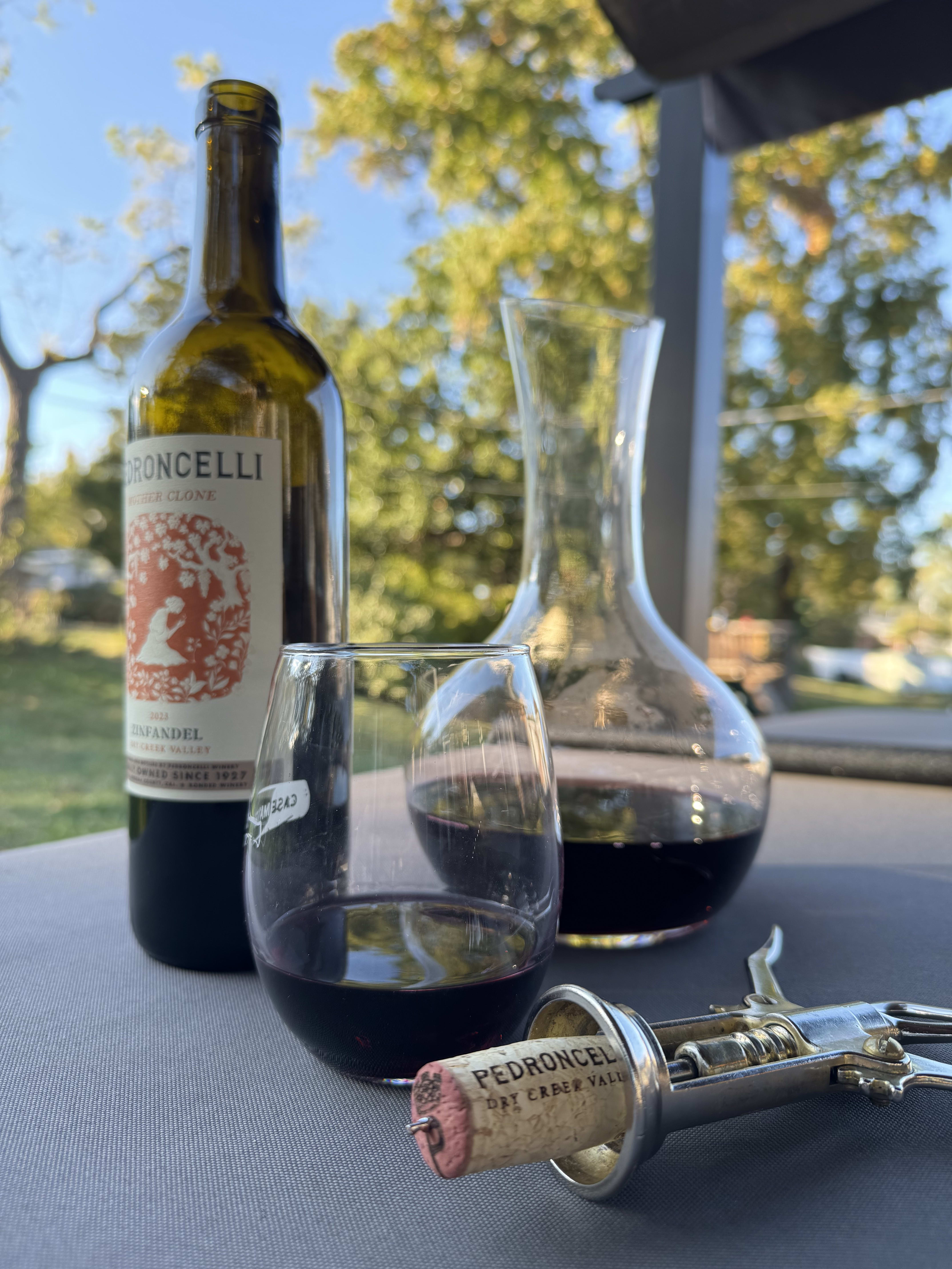 Pedroncelli Zinfandel with decanter, bottle, and cork