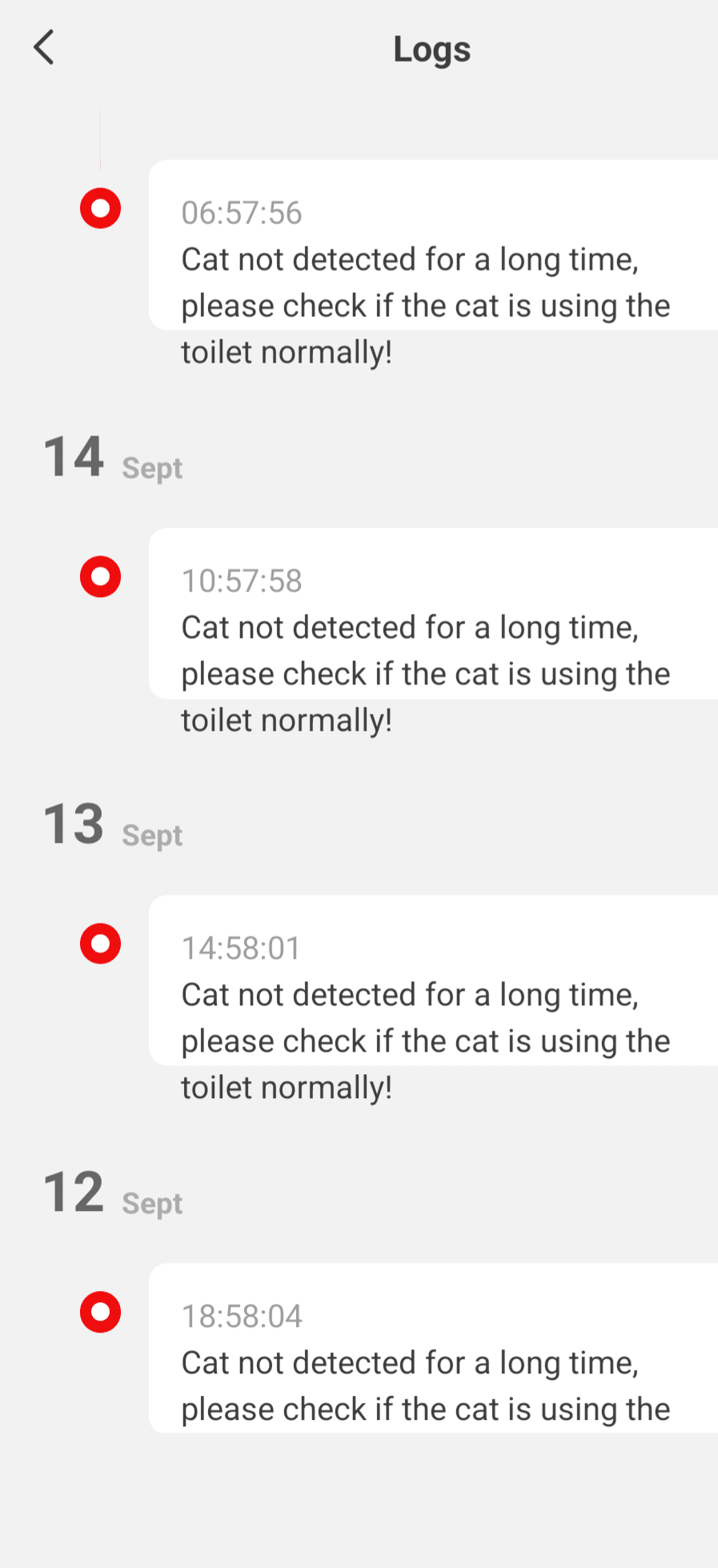 Screenshot of a litter box app with daily notifications that the litter box hasn't been used in a long time and to check on the cat
