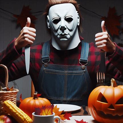 An AI-generated image of Michael Myers from the Halloween movie franchise sitting at a table while holding a knife in one hand and a fork in the other. The table is decorated for fall with leaves, corn, and pumpkins. One of the pumpkins has a carved jack-o-lantern face.