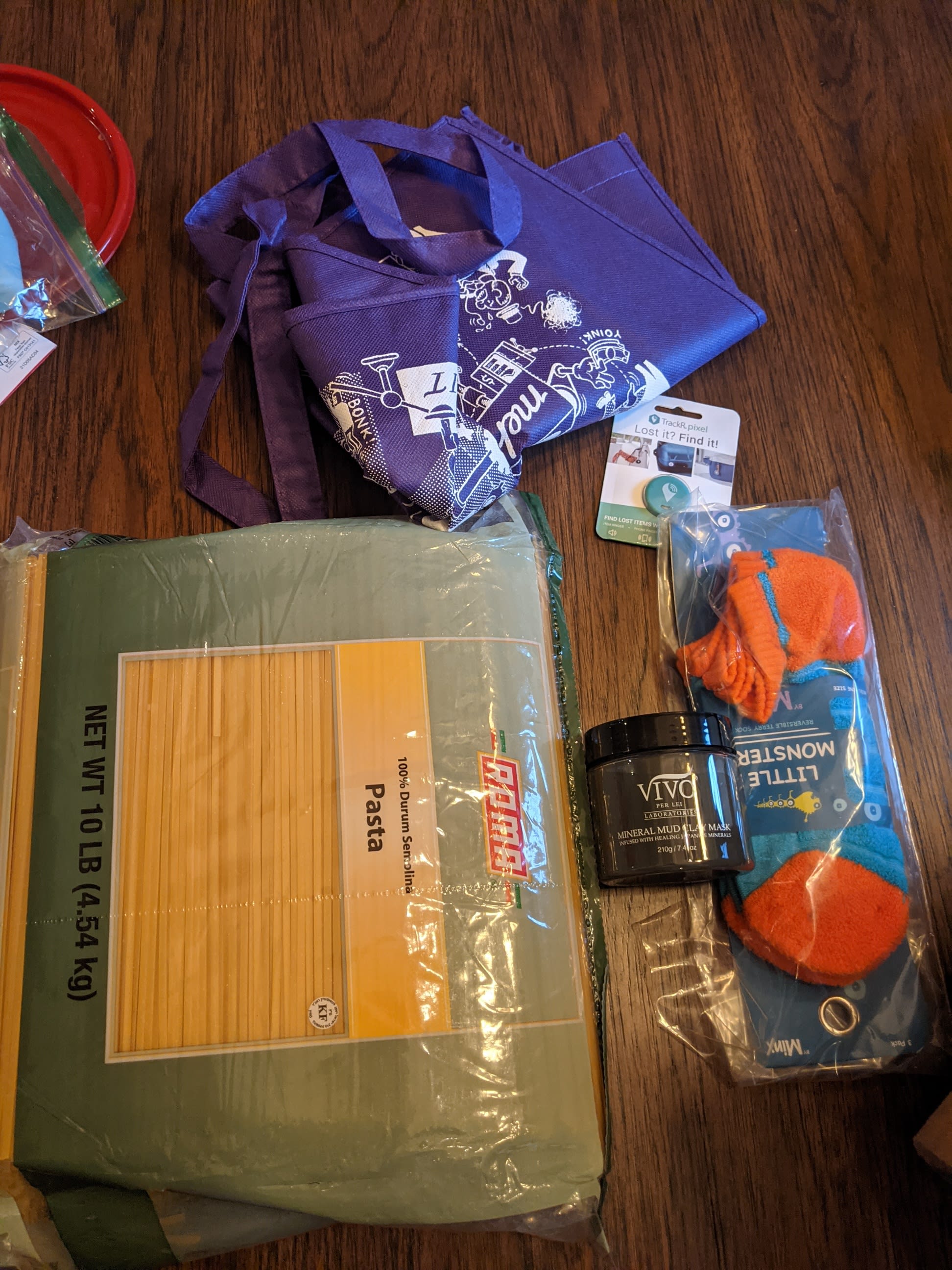 Pasta, mud mask, socks and a tracker.  Spaghetti for days!