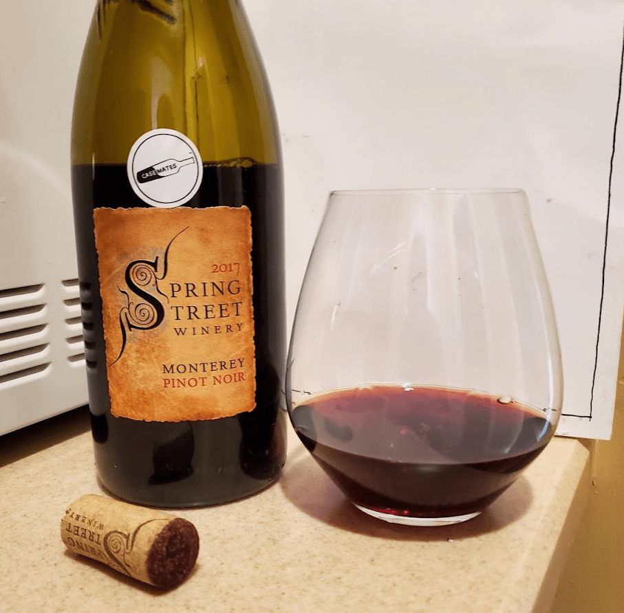 2017 Spring Street Pinot Noir bottle, cork, and glass