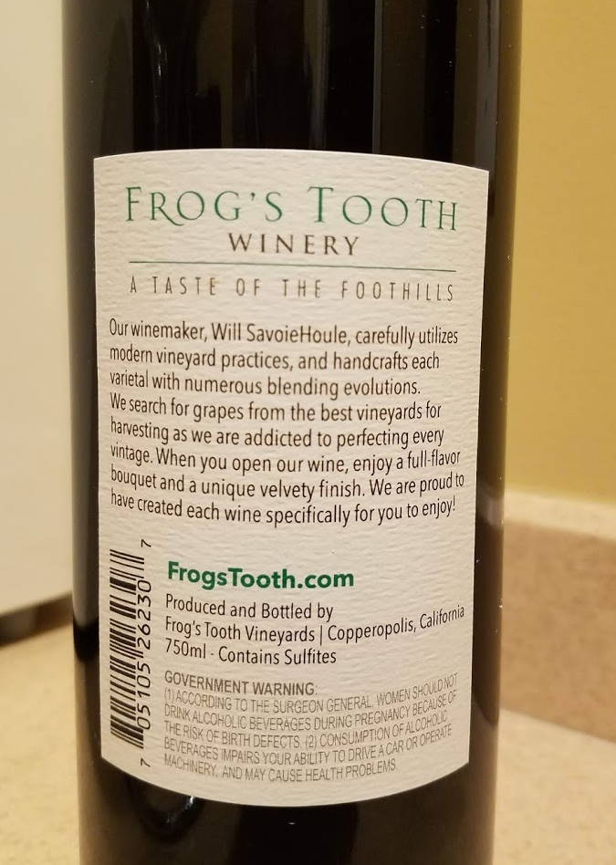Frog's Tooth 2016 Sangiovese Back Label