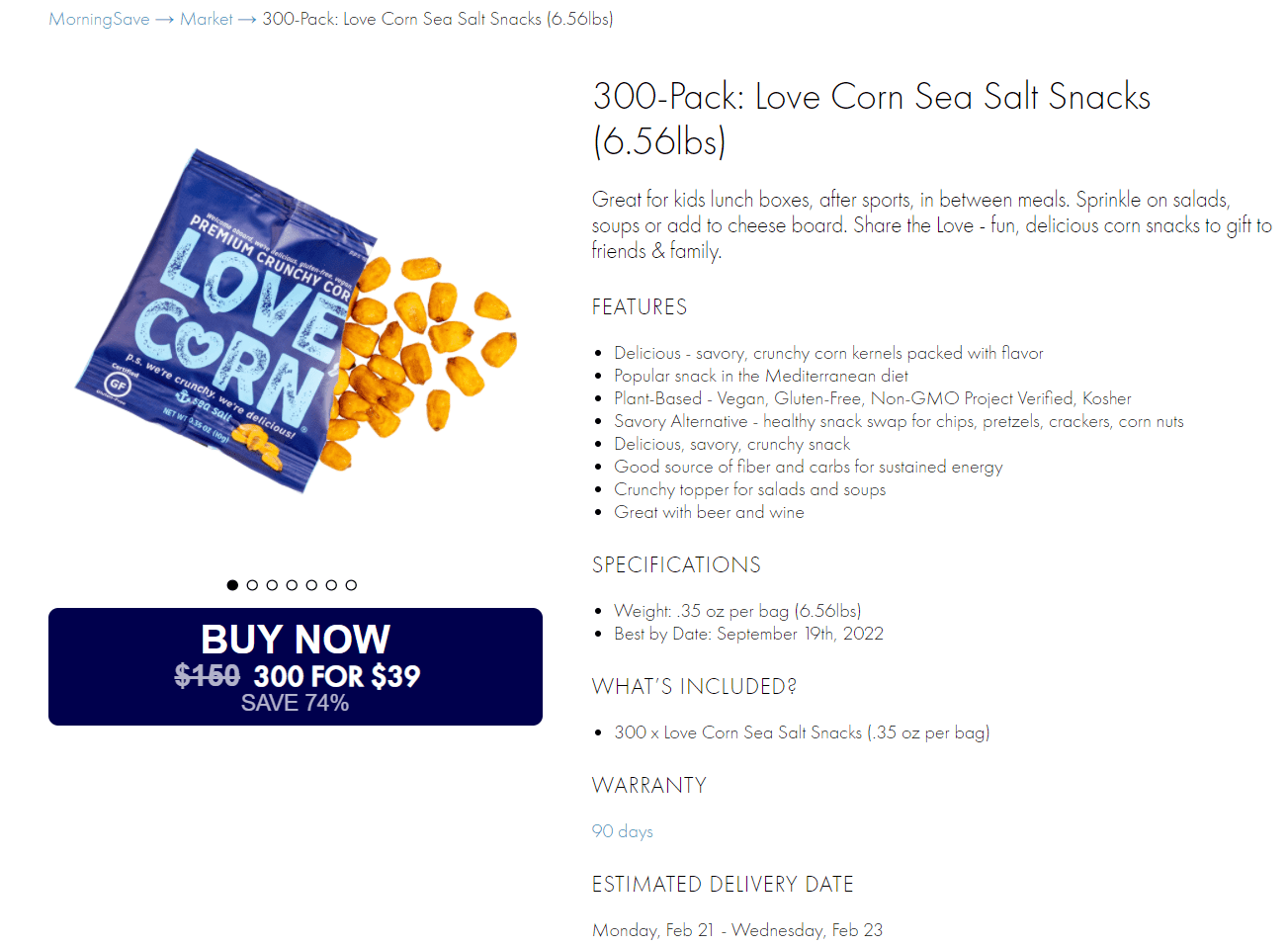 Meh: 300-Pack: Love Corn Sea Salt Snacks