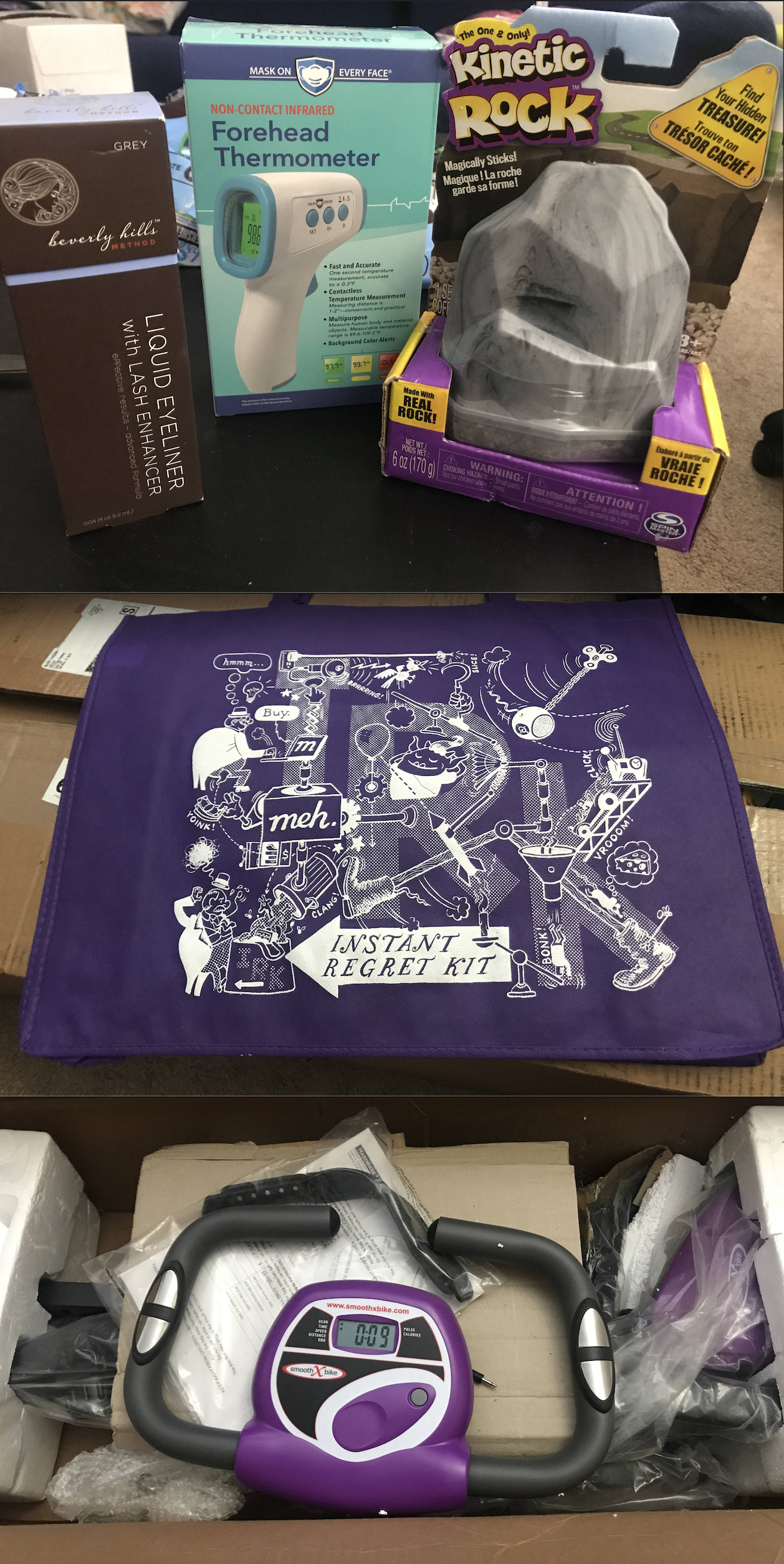 Wow! I got: blue eyeliner, an infrared thermometer, some kinetic rocks (which was just rocks with glue on them), a PURPLE IRK bag (!), and most parts of a SmoothXBike stationary bike. Um... anyone know how to get replacement parts for the bike?