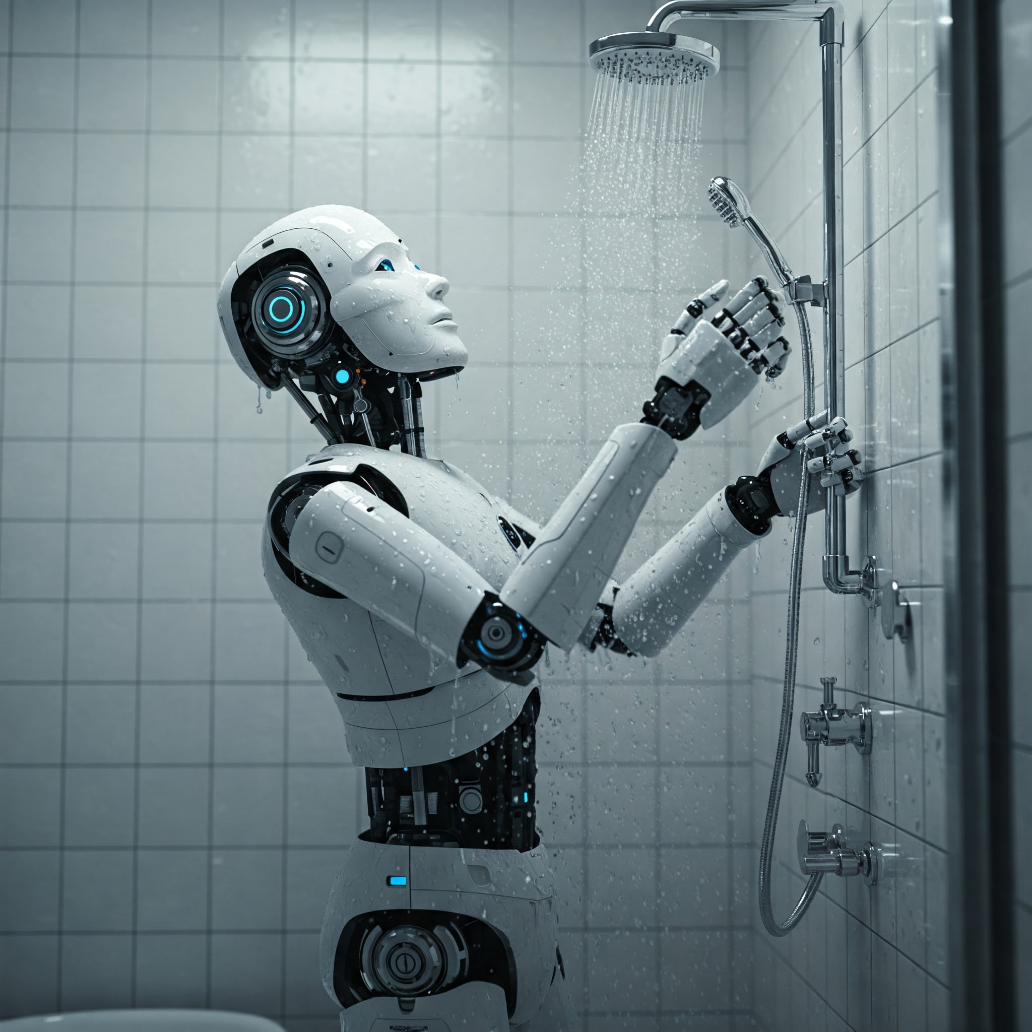 can you create an image of a robot in a bathroom, using the shower?