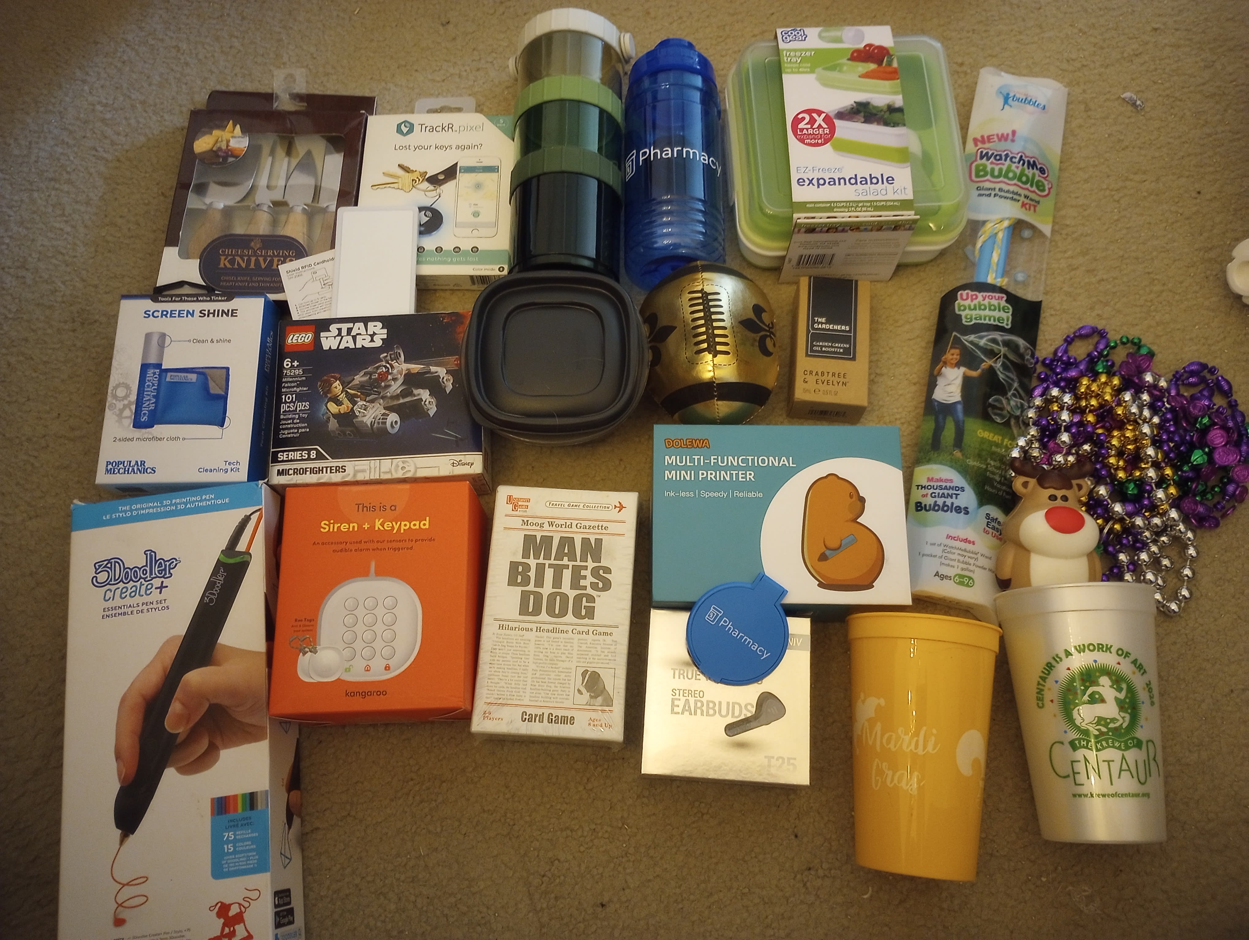 Most of the contents. Missing was the small blue bag that Pixel stole and a mini moon pie that he tried to eat. I ended up eating it after dinner last night. It was whelming.