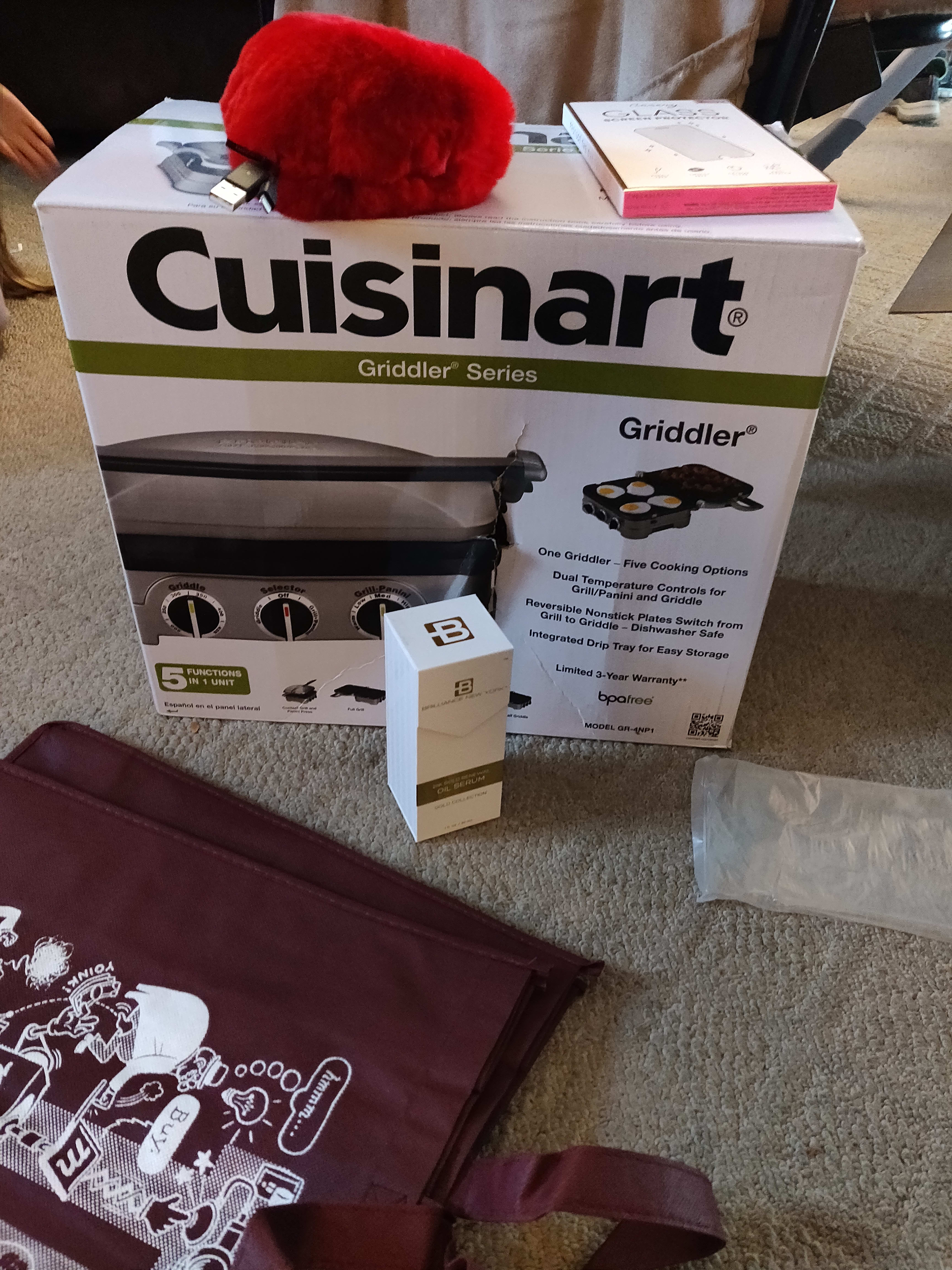 one Cuisinart Griddler, gold oil serum? Iphone x glass, a fuzzy battery pack, and a maroon bag.  One of the best irks yet.