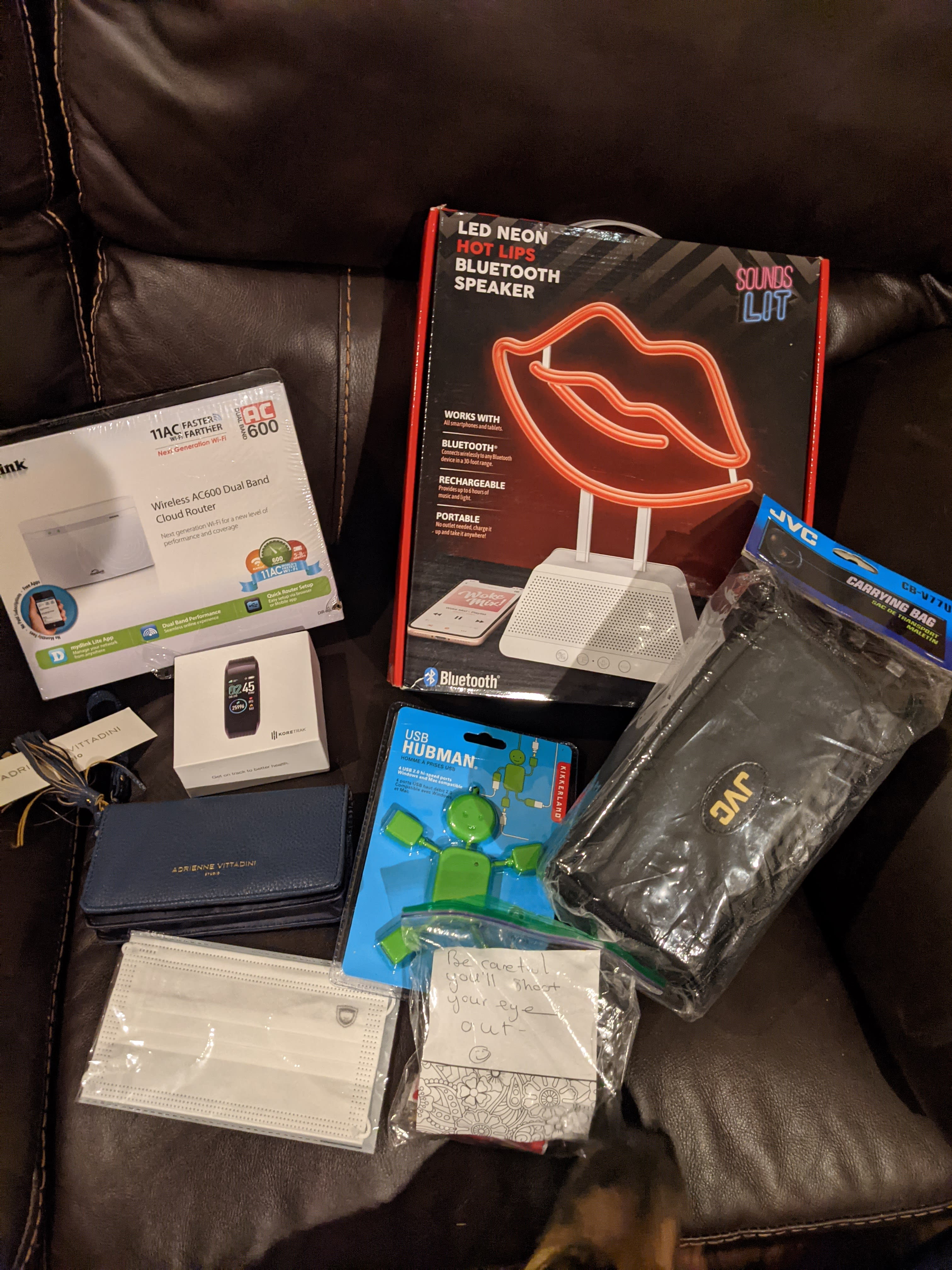 box contents on leather