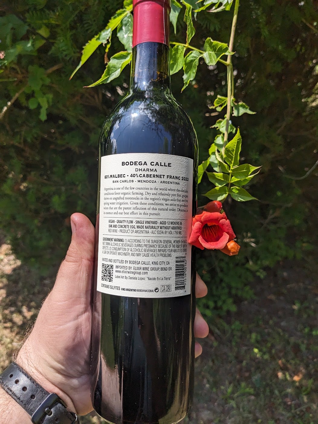 Rear label of 2022 vintage Dharma red wine blend