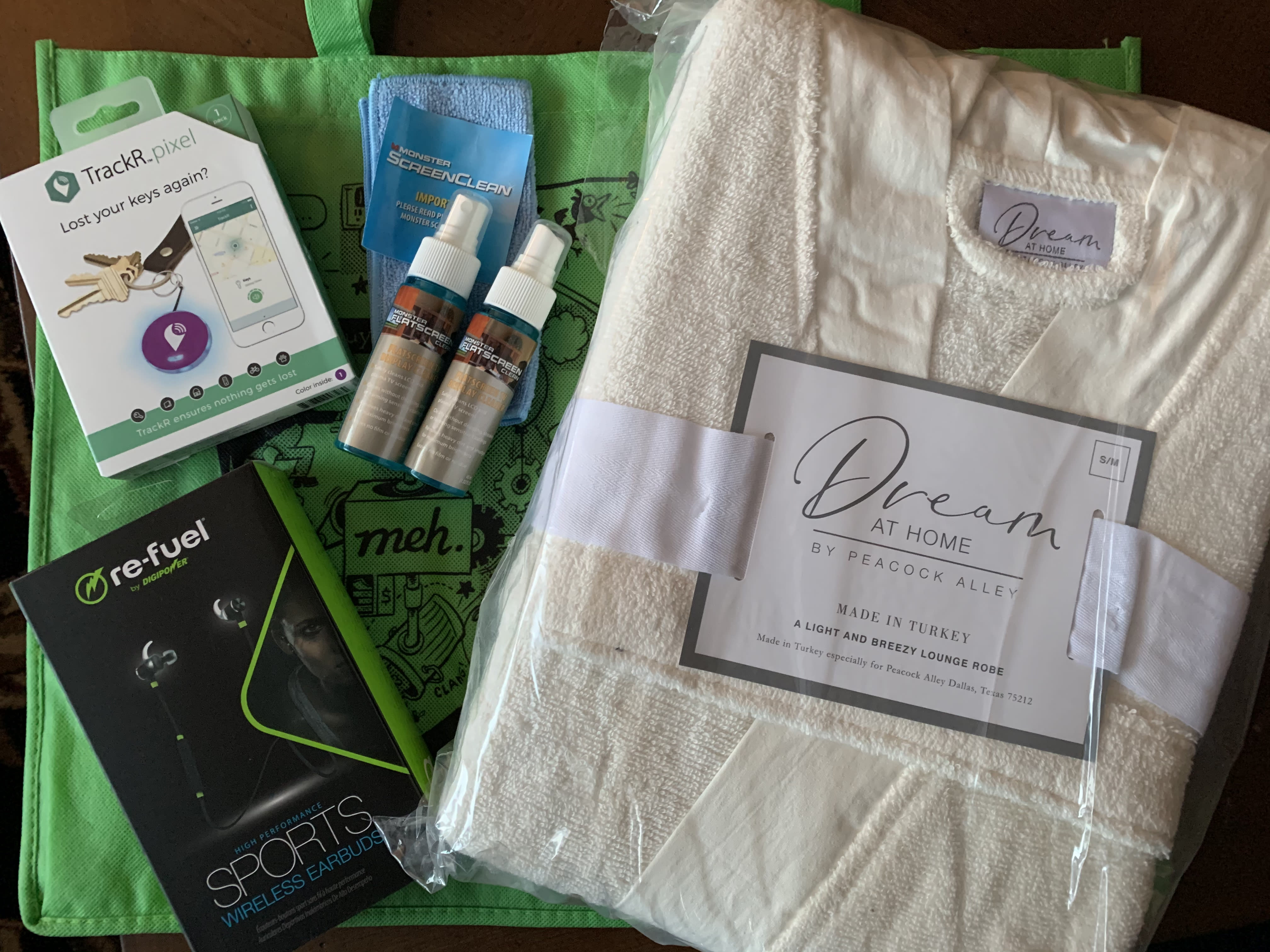 irk:Cousin Eddie robe. Tracker tile. LCD screen cleaner and cloth. Wireless earbuds