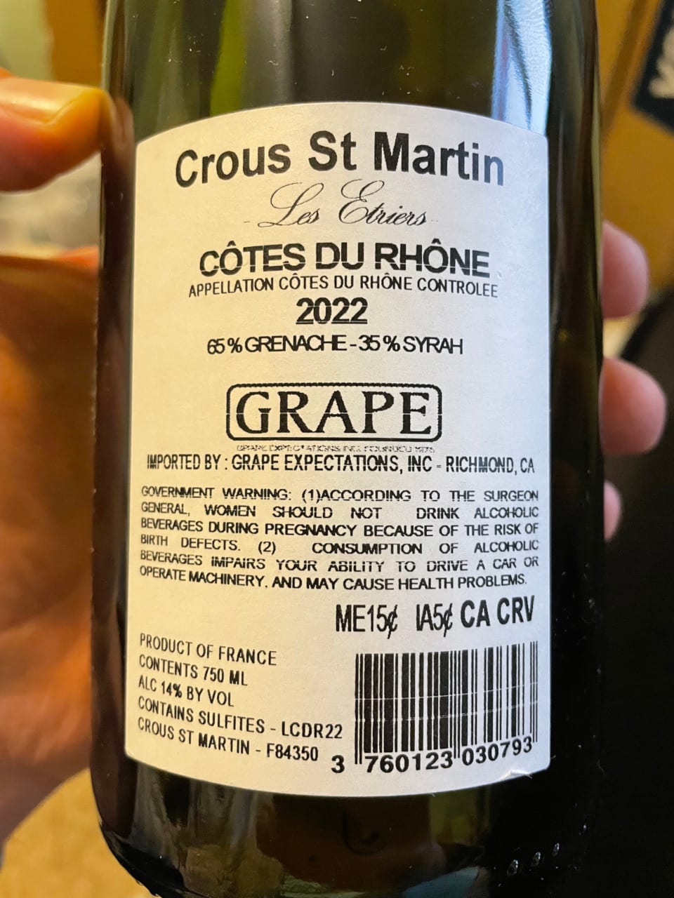 Back label from the bottle