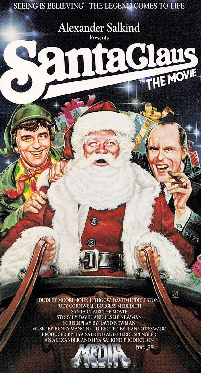 A movie poster with Dudley Moore as an elf, John Lithgow as a business man, and David Huddleston as Santa Claus.