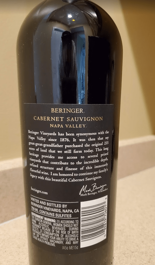 Beringer 2014 CS Napa Valley - Back Label