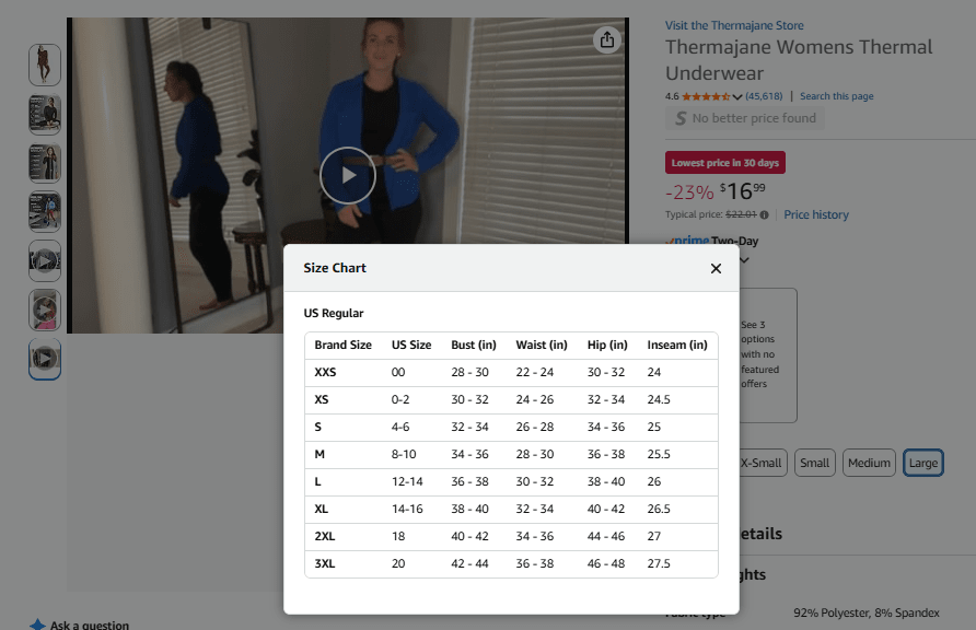 Thermajane size chart